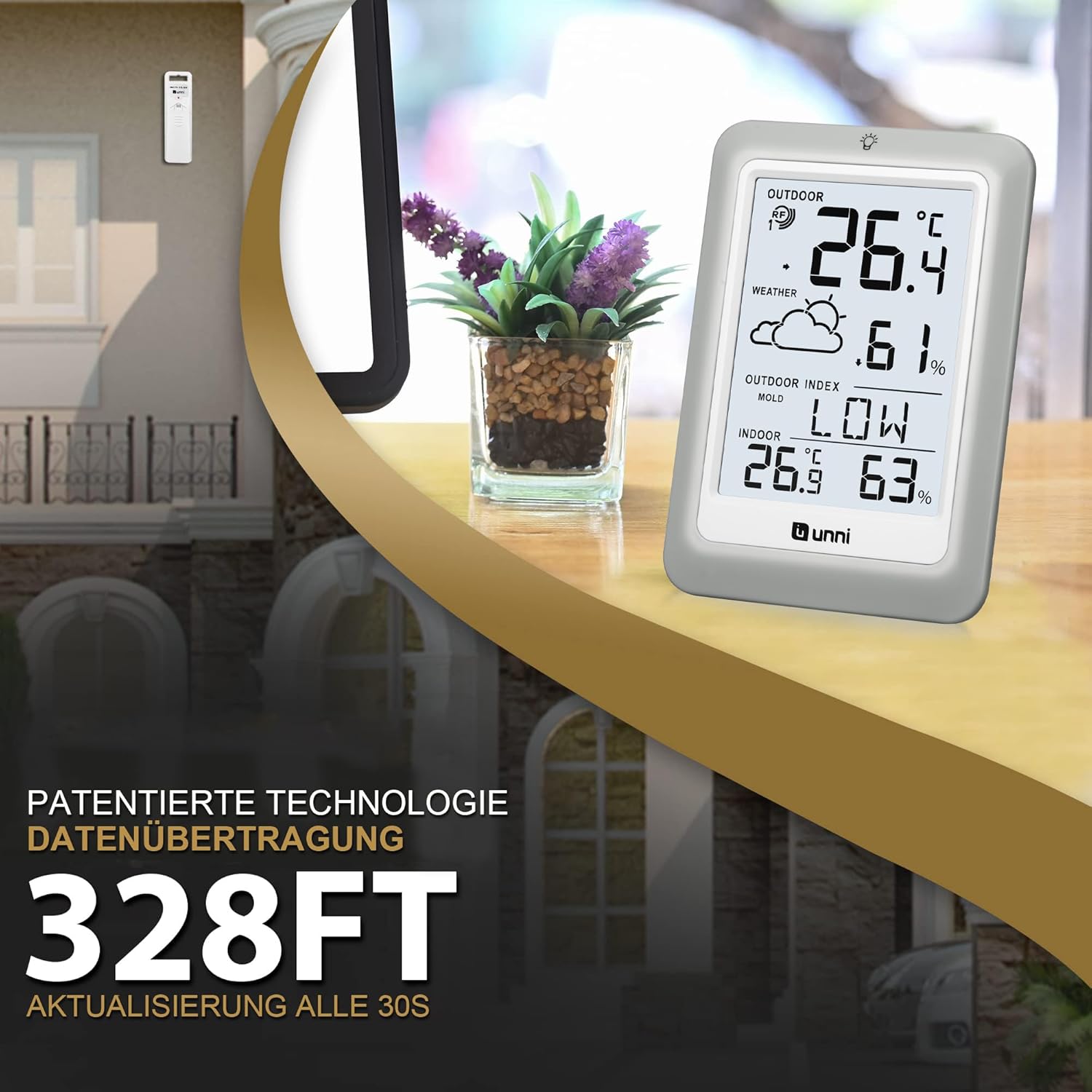 Thumbnail 1 de U UNNI Funk-Wetterstation mit Außensensor (Batteriebetrieb) – Wettervorhersage, °C/°F & 2 Helligkeitsstufen