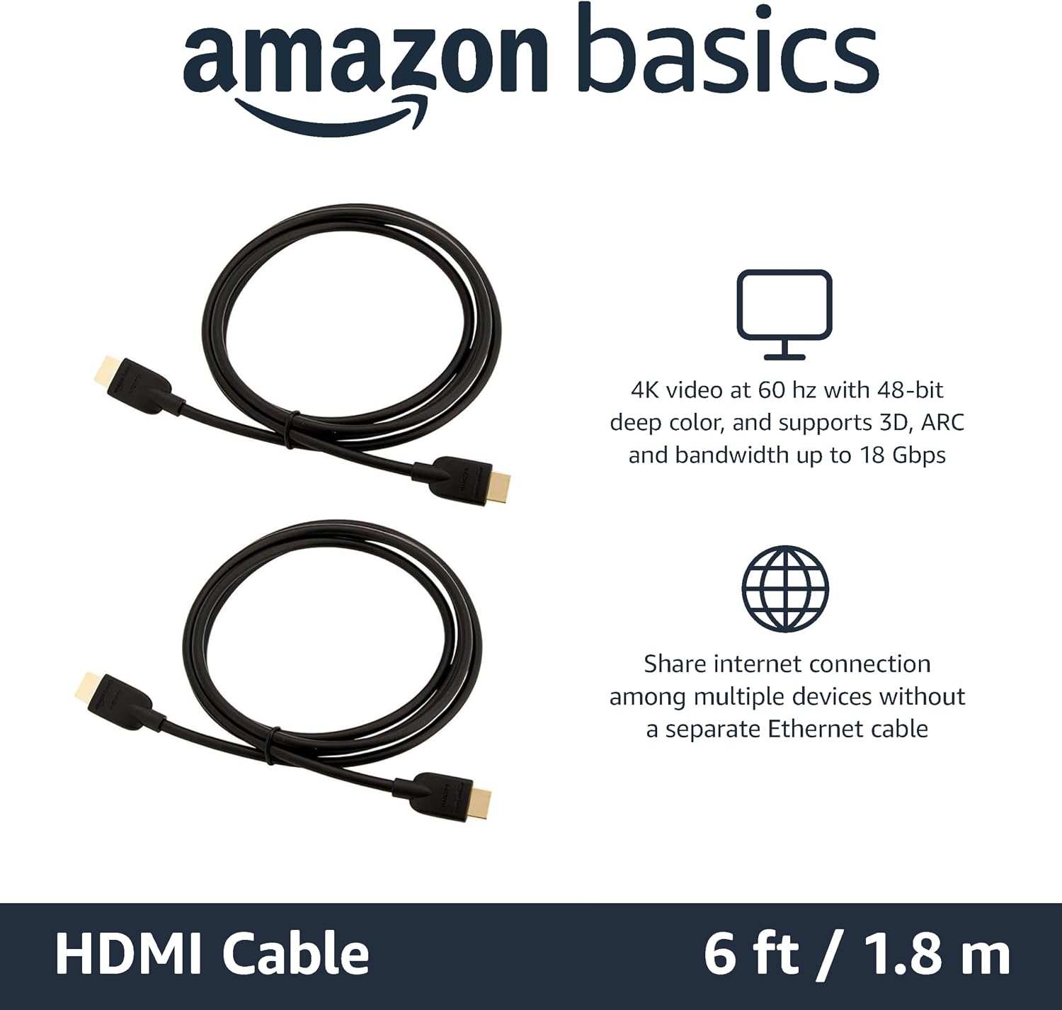 Thumbnail 1 de Amazon Basics HDMI Cable (2-Pack, 6ft) – High-Speed HDMI 2.0 for 4K@60Hz, Black