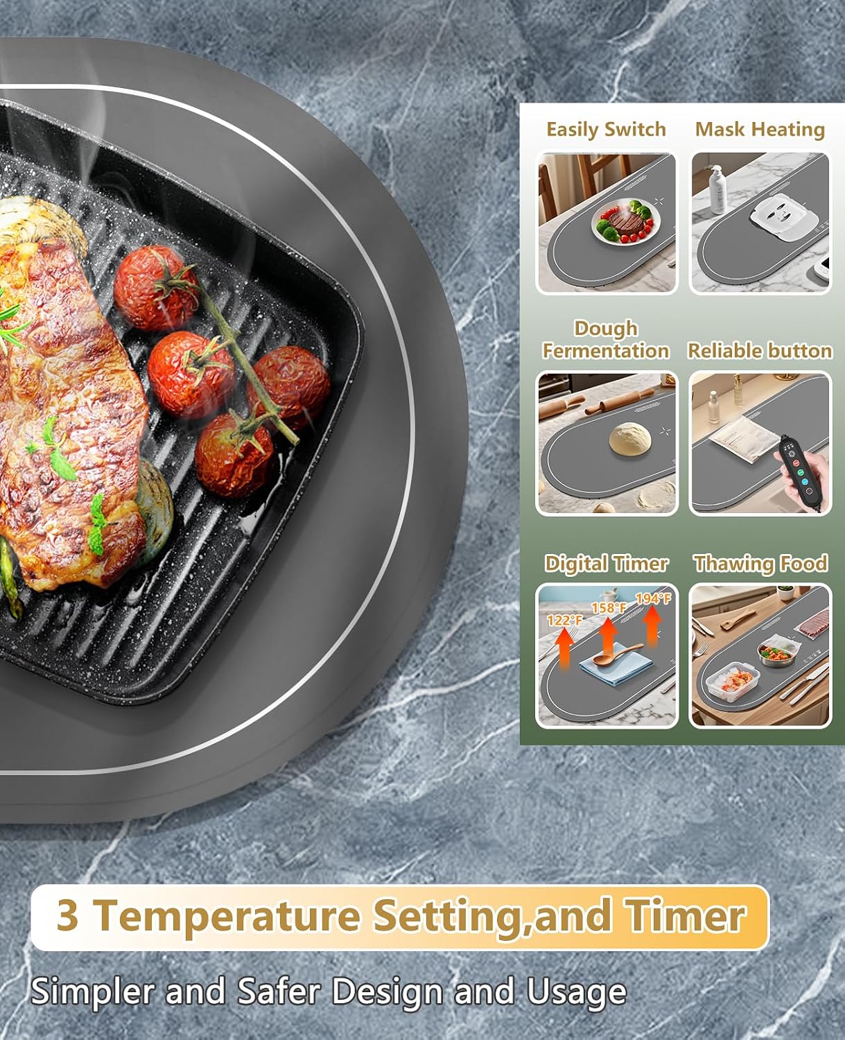 Detalle de WUEAOA ZC670 Extra-Large Silicone Food Warming Mat, 3 Heat & Timer Settings
