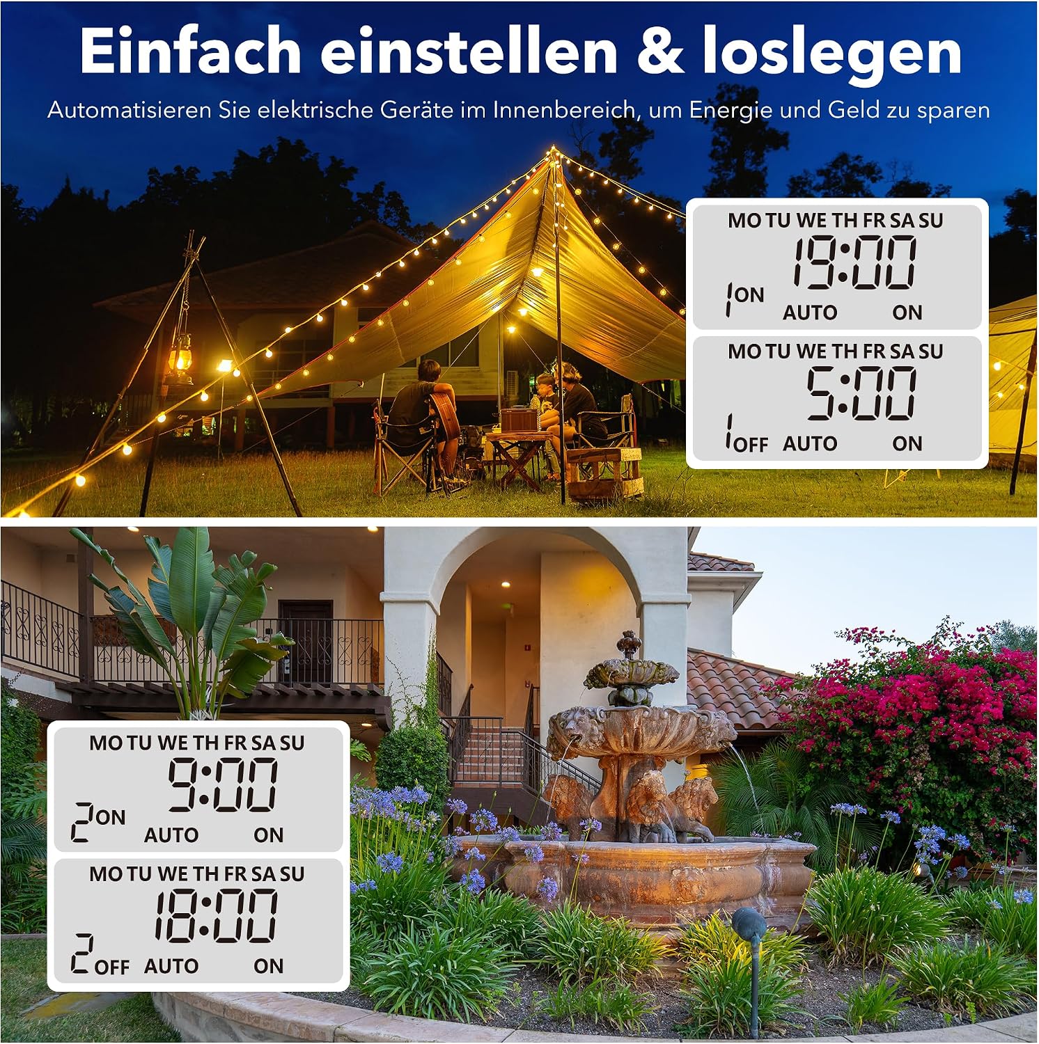 Detalle de HBN 2er Digitale Zeitschaltuhr Steckdose Aussen IP44 – 8 Programme, Zufallsfunktion & Backup-Akku