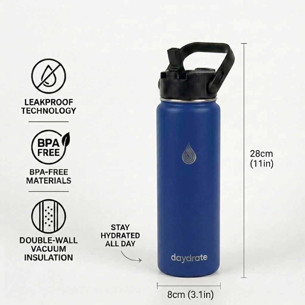 Detalle 2 de Insulated 750ml Metal Water Bottle with Dual Lid – Blue Daydrate