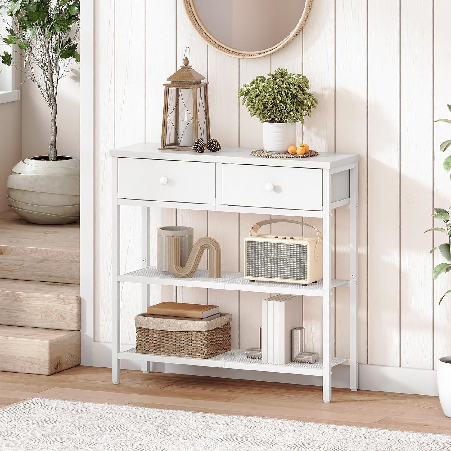 Thumbnail 6 de HOOBRO Table Console Longue EWW72XG01G1 – Console industrielle blanche, 3 étagères ouvertes et 2 tiroirs en tissu non tissé
