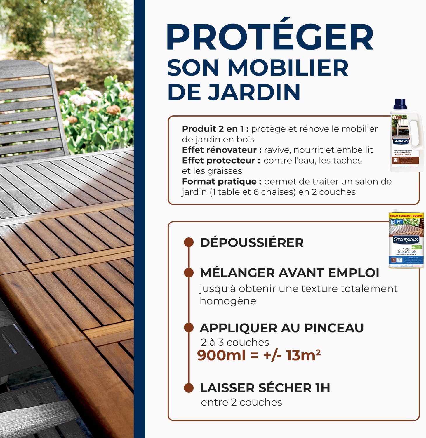 Detalle de STARWAX Huile rénovatrice pour mobilier de jardin en bois grisé – Reteinte, nourrissante et protectrice