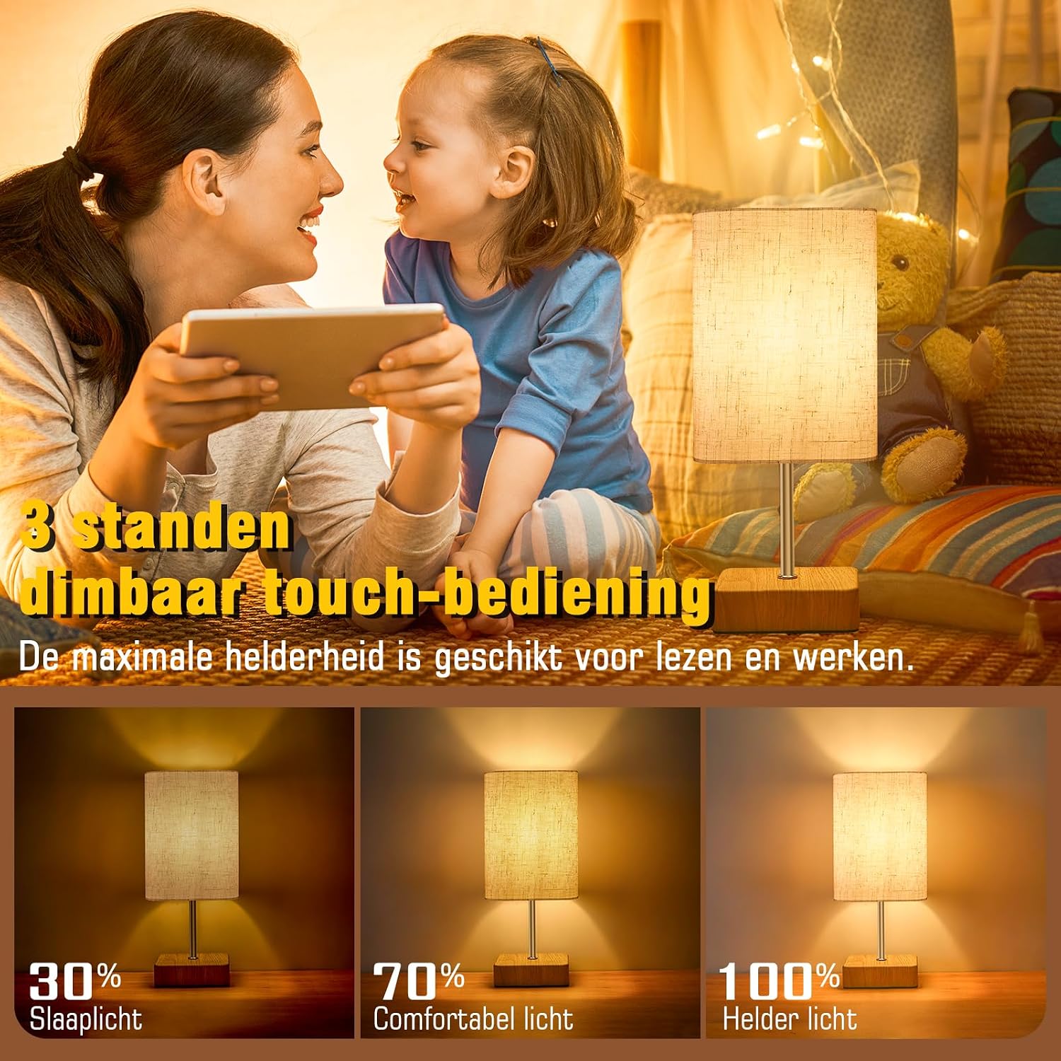 Thumbnail 1 de Jayencer CT4 touch-dimbare tafellamp met linnen kap en E14-ledlamp