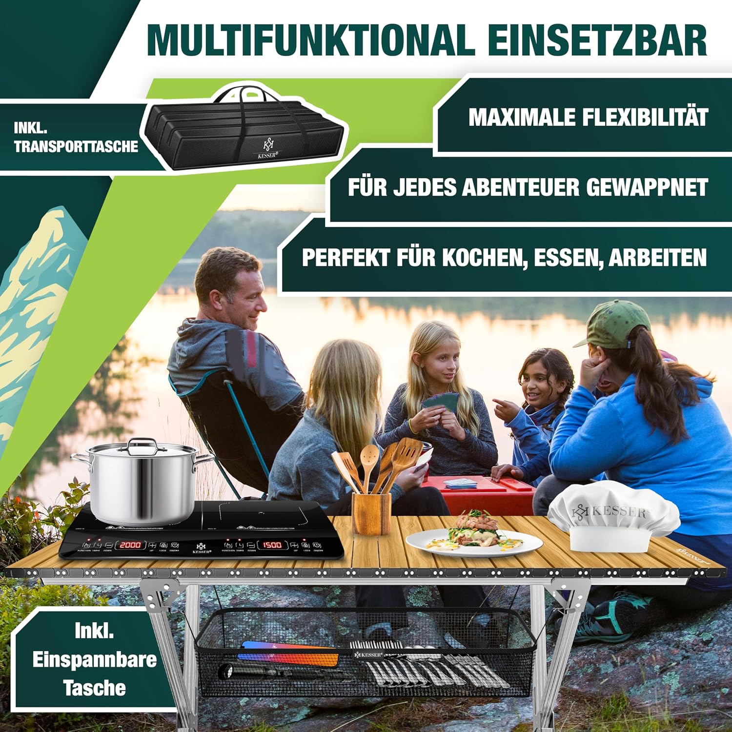 Detalle de KESSER® faltbarer Campingtisch Klapptisch mit Aluminiumrahmen, Holz-Optik, 145 × 70 cm (bis 100 kg) inkl. Tragetasche
