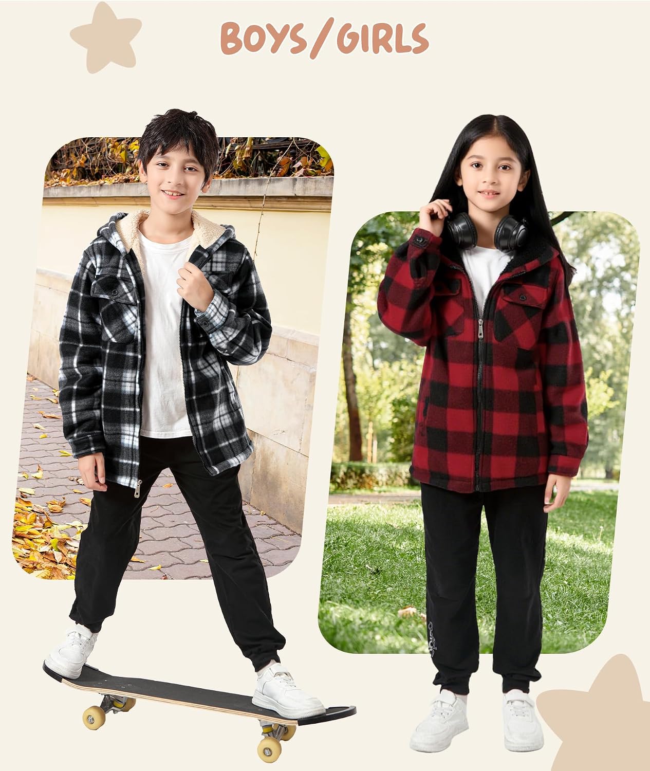 Thumbnail 1 de V VALANCH Plaid Sherpa-Lined Hooded Jacket for Kids, Full-Zip
