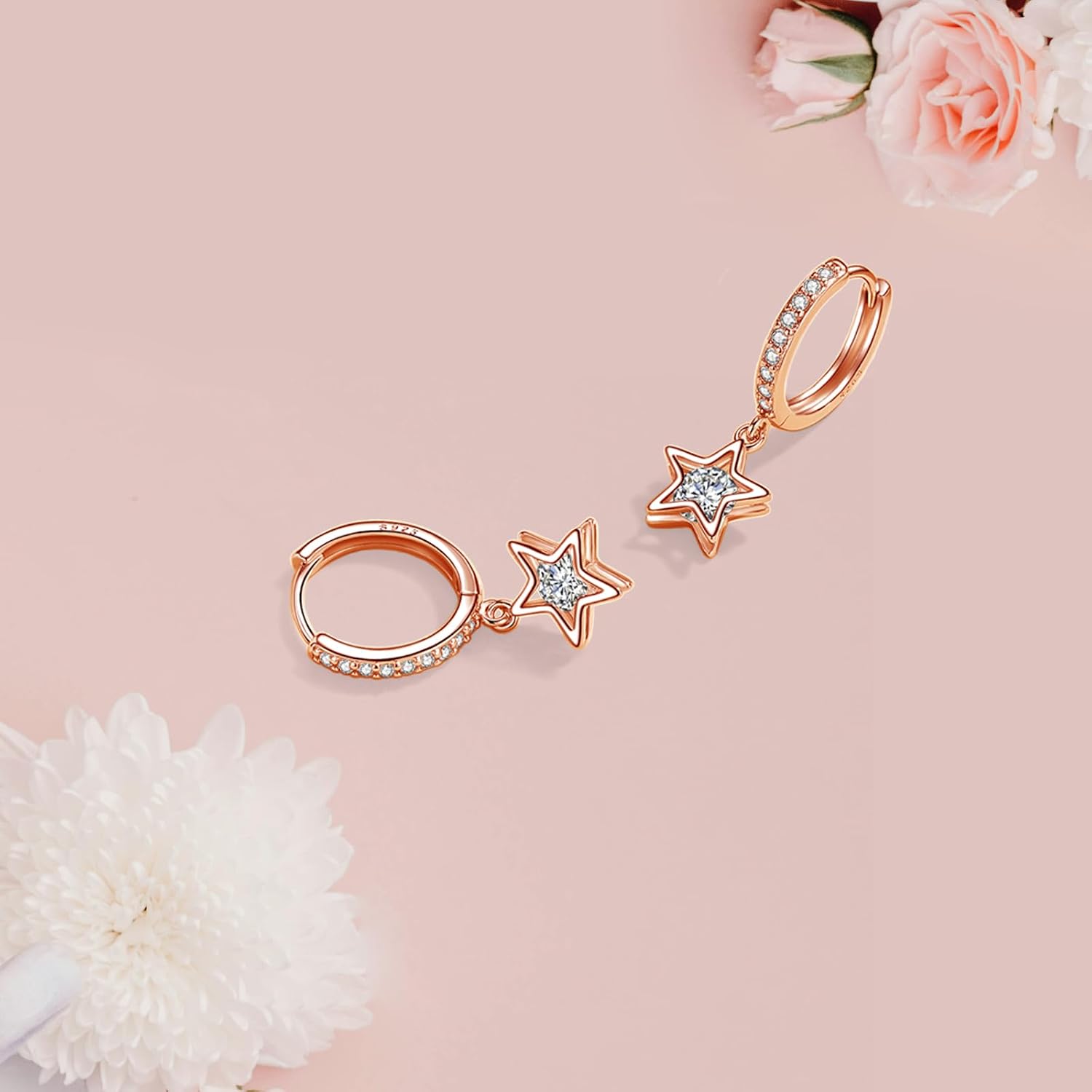 Detalle de Josfeva 925 Sterling Silver Hanging Hoop Earrings with Zirconia Star/Teardrop/Heart Pendants