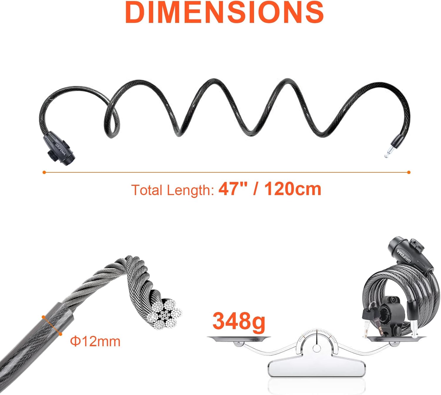 Detalle de GRIFEMA 120cm Bike Lock with 2 Keys – High Security Chain Lock for E-Bikes, Scooters and More
