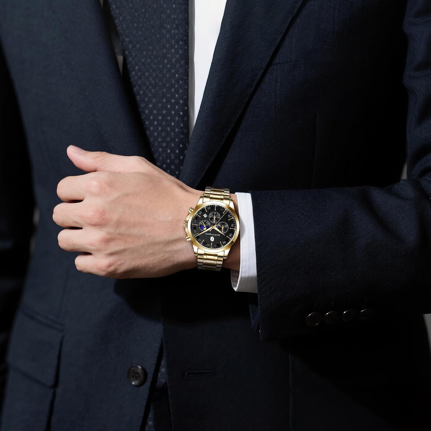 Detalle de BENYAR BY Orologi uomo multifunzione cronografo al quarzo nero con cinturino in pelle e datario