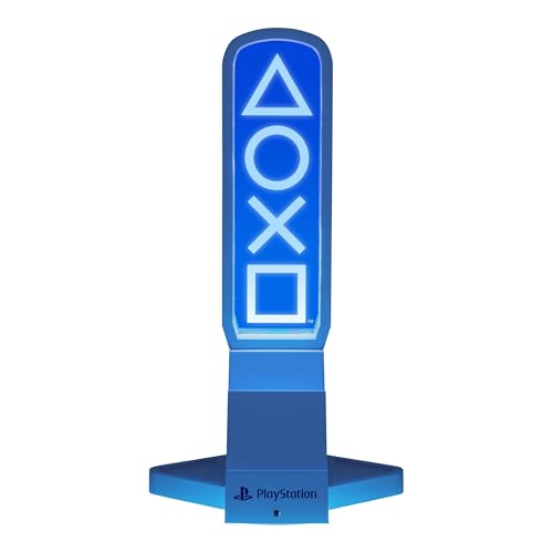Detalle de Paladone PlayStation 3-in-1-Kopfhörerständer und Tech-Ladestation mit Controller-Halterung, RGB-Lichtpanel und 2 USB-C-Anschlüssen – offiziell lizenziert