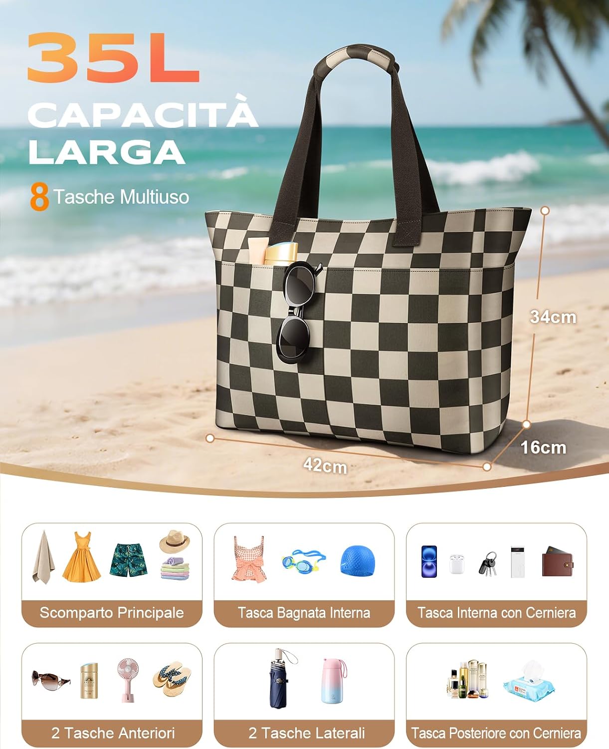 Detalle de EOIWUY Borsa Mare Donna Grande 35L: borsa spiaggia impermeabile, antiscivolo e pieghevole, XXL con scomparto bagnato