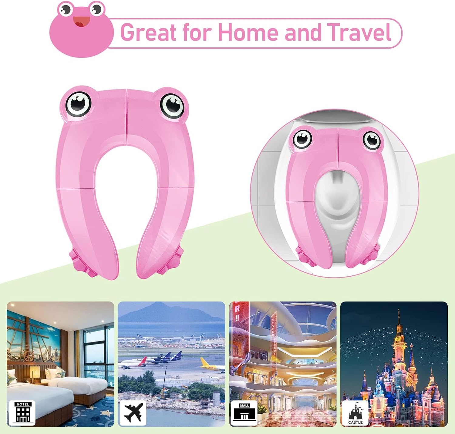 Detalle de Pejoye Portable Travel Toddler Toilet Seat – Foldable Potty for Kids, Pink Frog