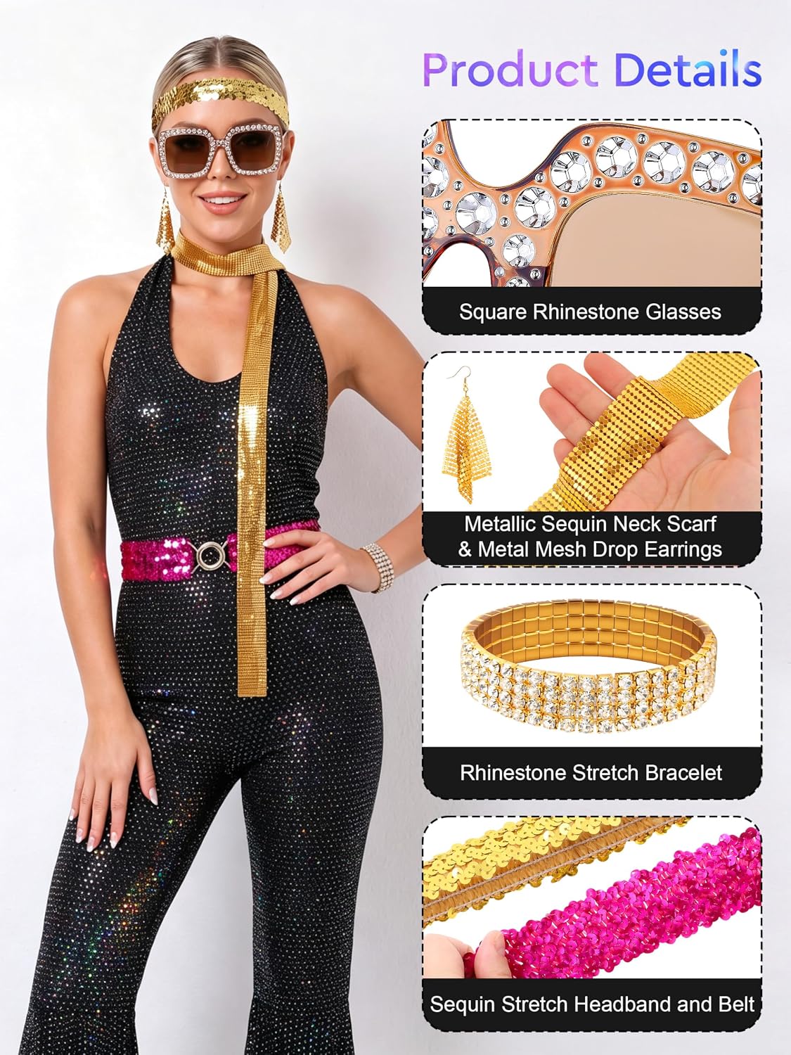 Detalle 1 de SOMSOC 70s Disco Jumpsuit Costume with Sequins and Matching Accessories