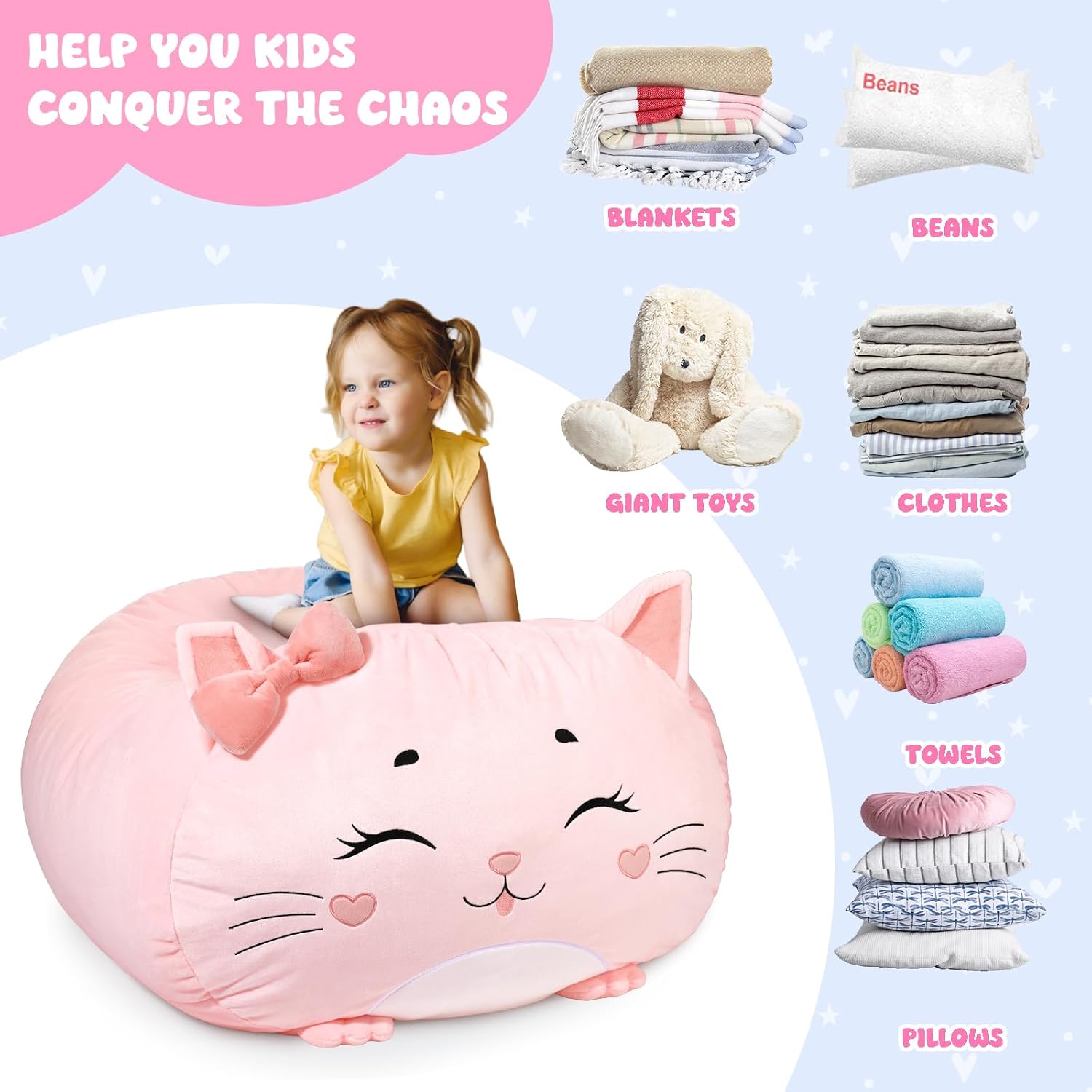 Detalle de GAGAKU Pouf di peluche 60x60 cm XXL con copertura per bambini – Organizer morbido per la cameretta