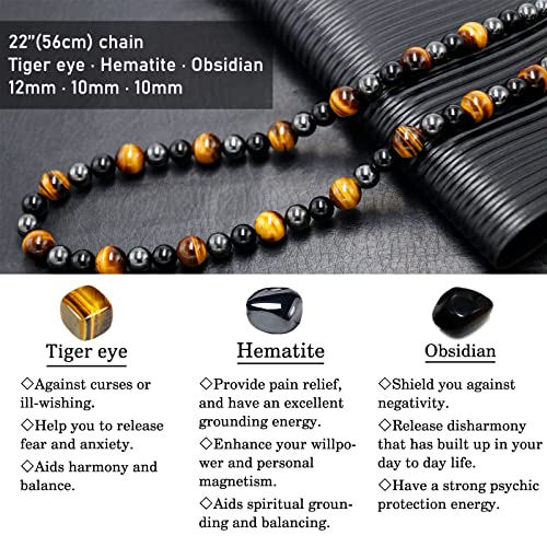 Detalle 2 de GENASTO Healing Crystal Necklace: Black Obsidian, Tiger Eye & Hematite for Triple Protection