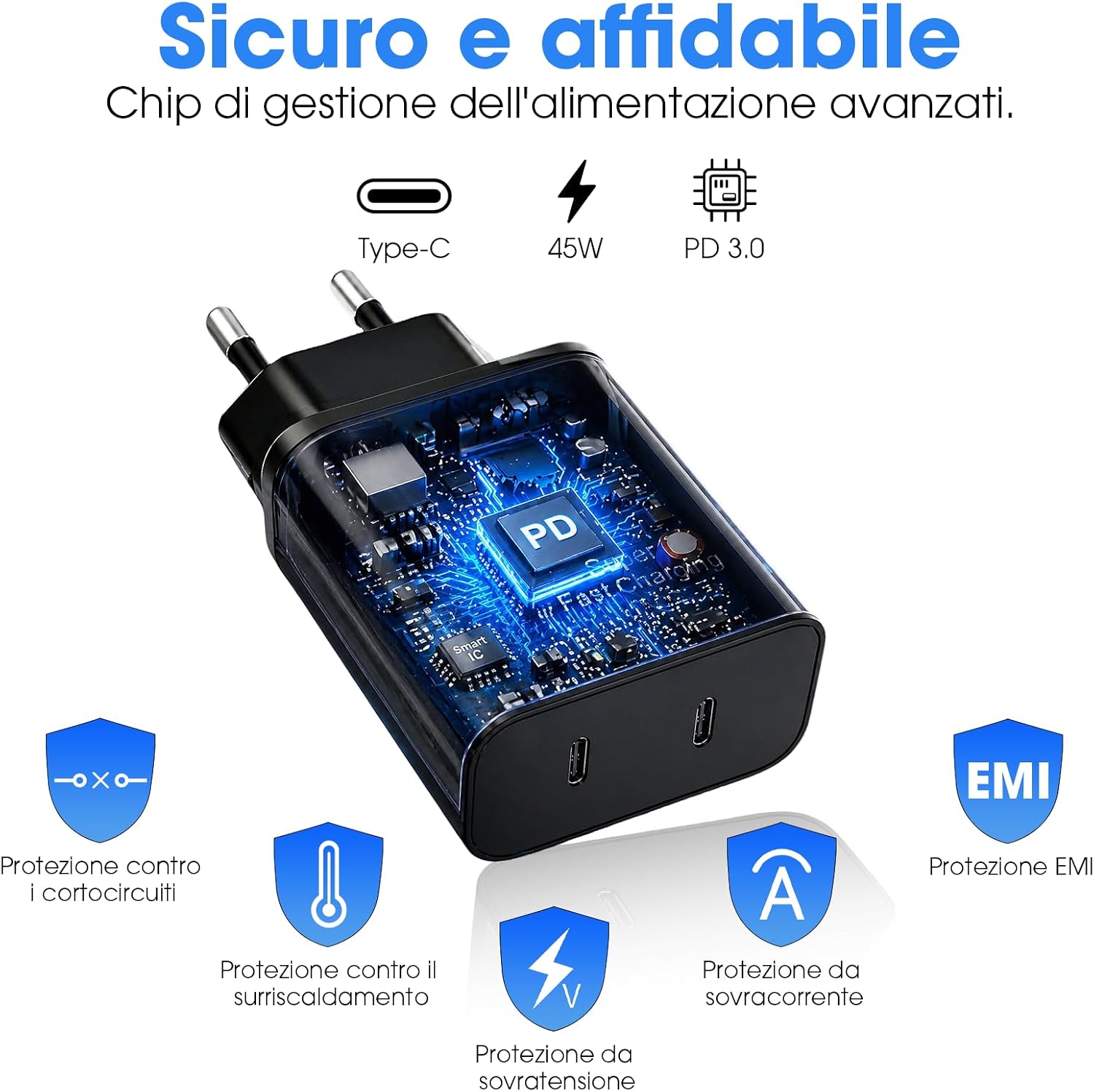Detalle de Caricatore USB-C 45W a 2 porte (2 cavi da 2 m) – 2 Pack per Samsung e iPhone
