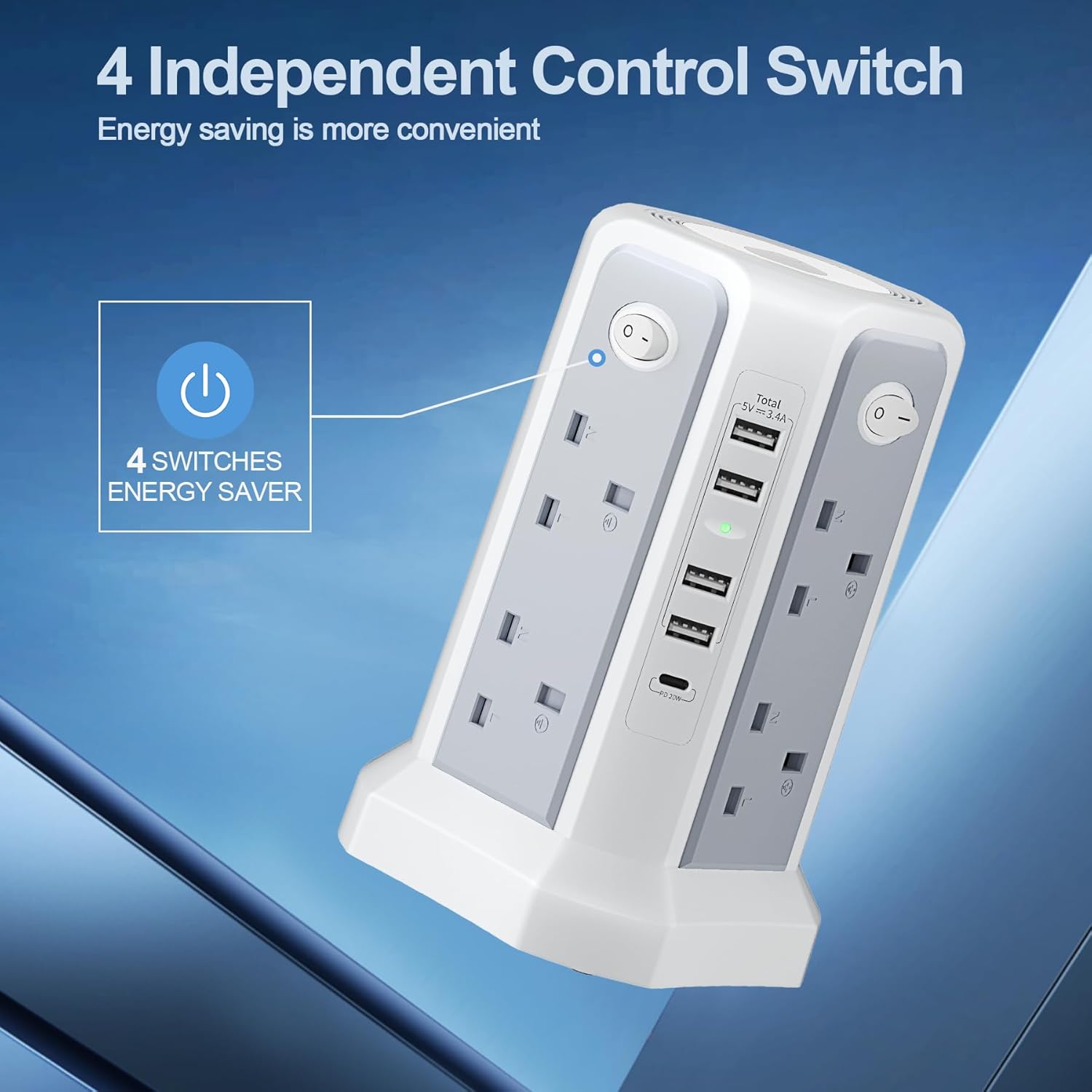 Thumbnail 6 de Tower Extension Lead 8-Way 13A 3250W, 5 USB Ports 🔌