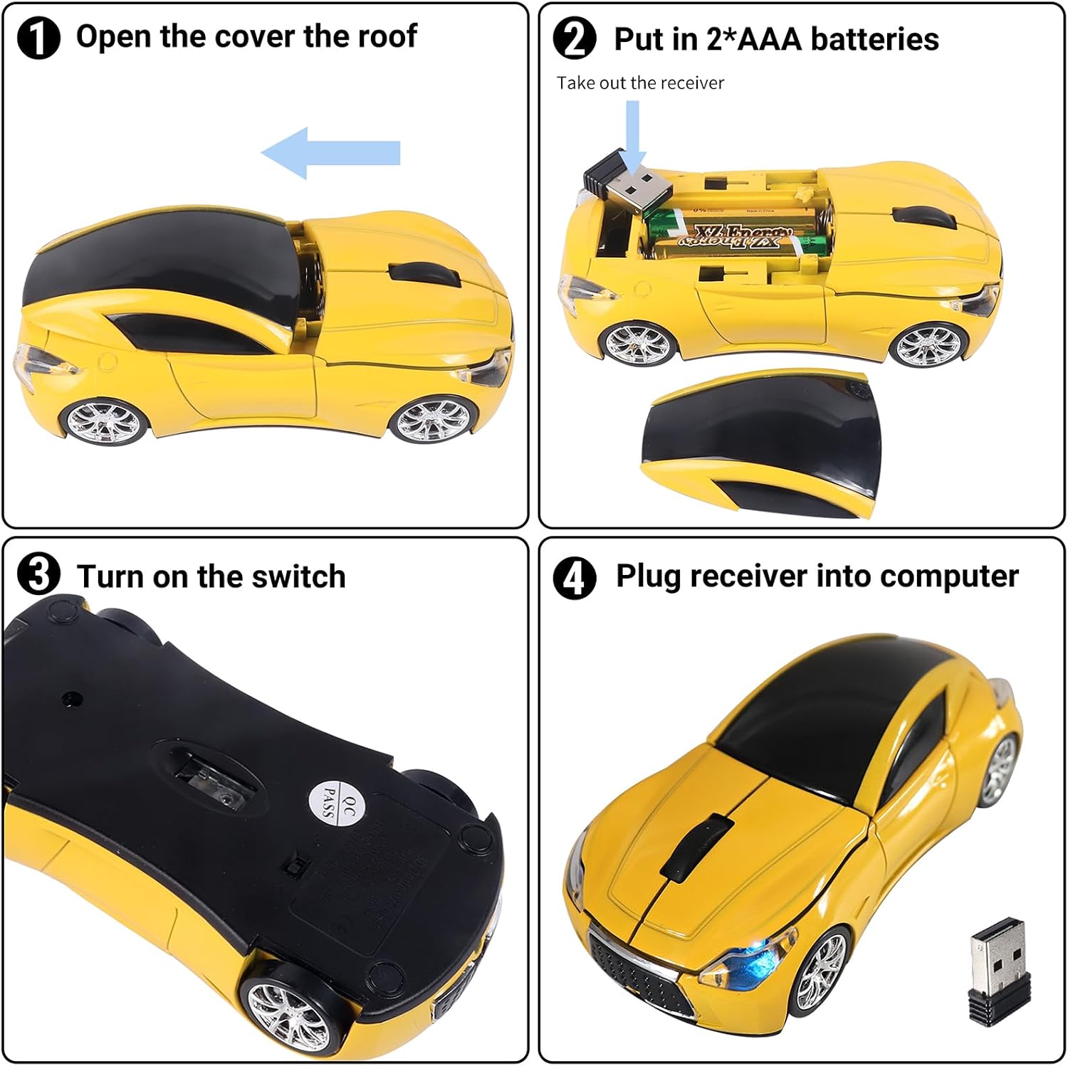 Detalle de elec Space Wireless Mini Mouse, Yellow Sports Car Design, Case, 10m Range