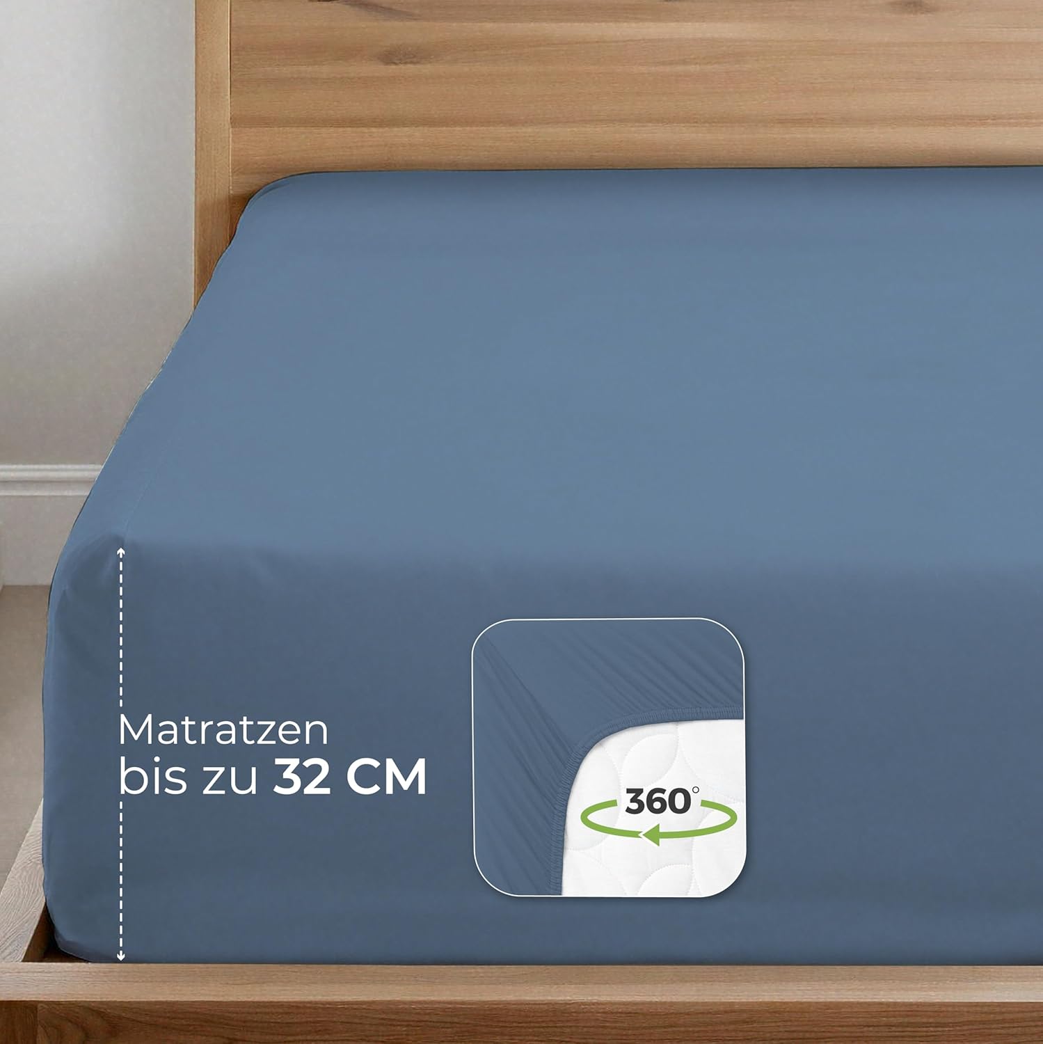 Thumbnail 2 de Dreamzie Premium Spannbettlaken 180x200 cm bis 200x200 cm – Blau, 100% Bio-Baumwolle, 150 g/m², GOTS & OEKO-TEX