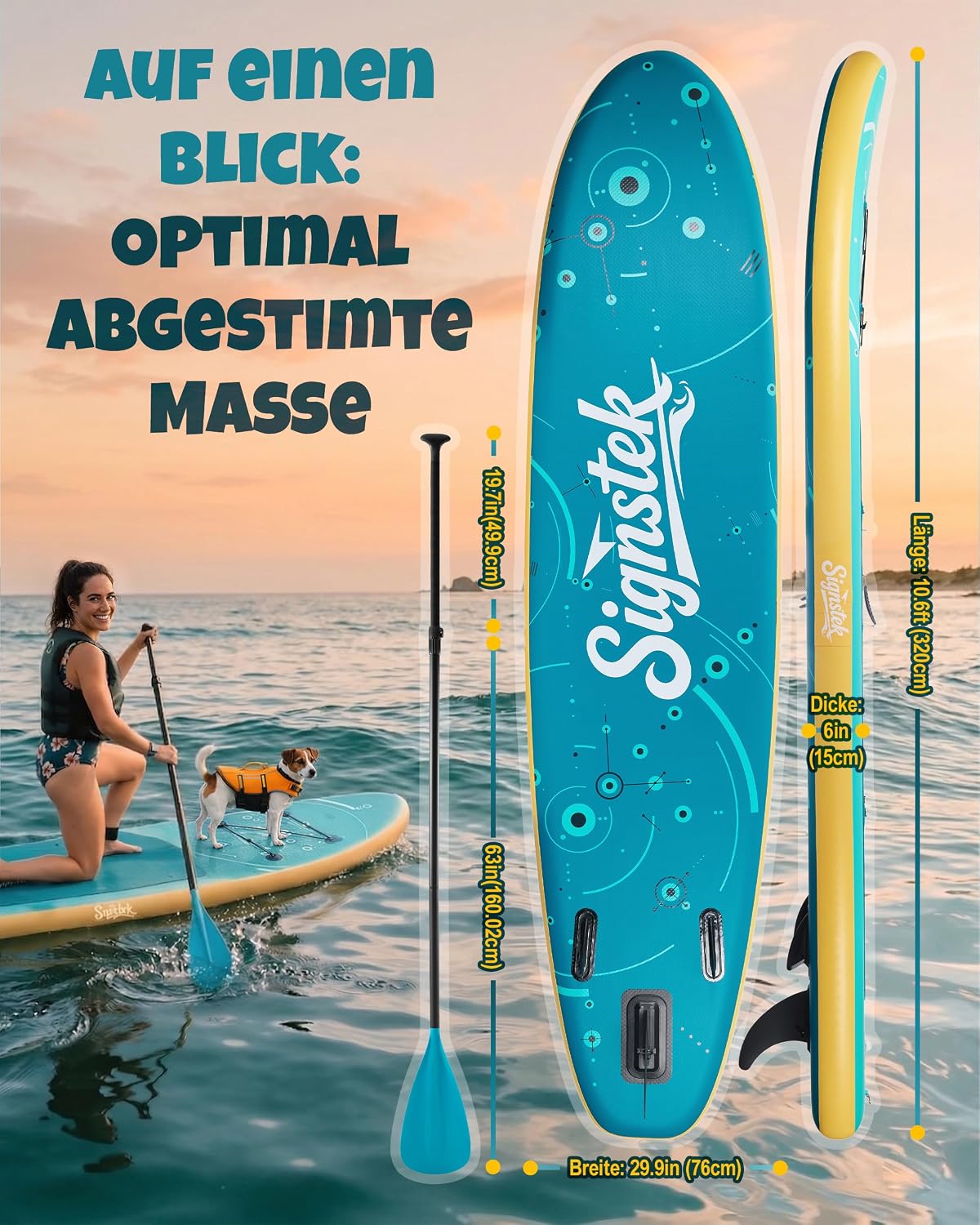 Detalle de Signstek Aufblasbares Stand Up Paddling Board Set – stabiles SUP Board 320 x 75 x 15 cm mit Komplettzubehör
