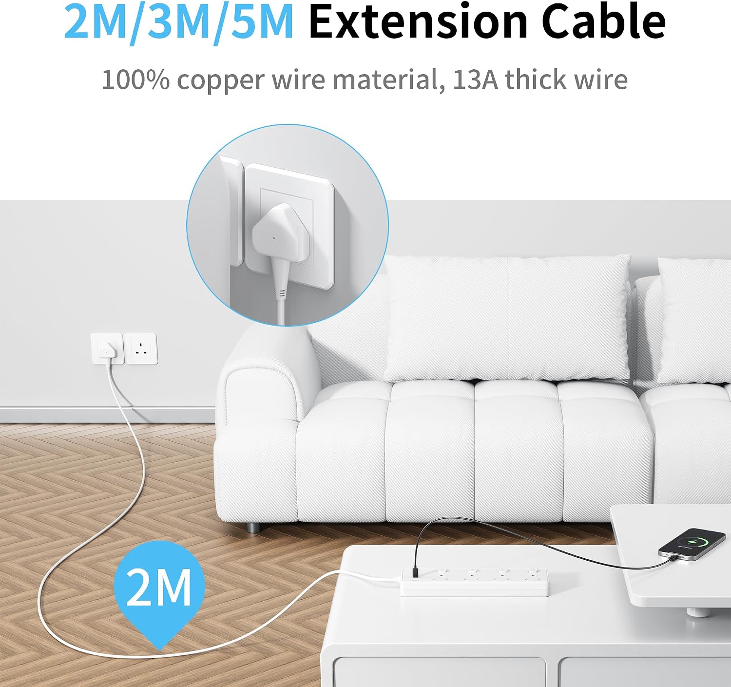 Detalle de Extension Lead with 4 Sockets and 3 USB Ports (30W) – 2m, 4 Individual Switches, Surge Protected, Wall Mountable