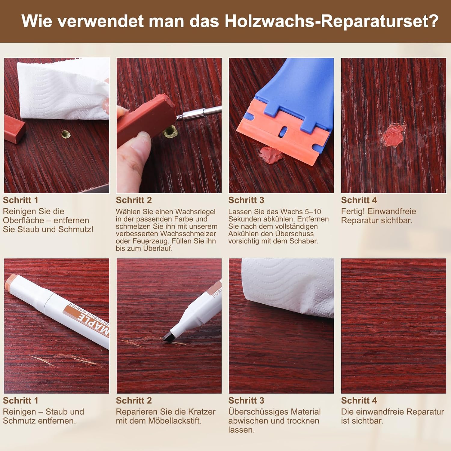 Detalle de Laminat- und Parkett-Reparaturset mit Hartwachs Heizstift – 11 Farben für Möbel, Böden und Holzoberflächen