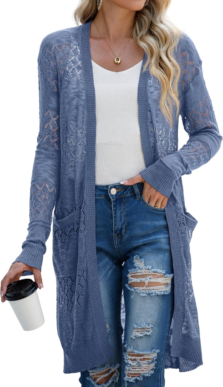 Detalle de GRECERELLE Damen Sommer-Strickjacke lang mit Lochmuster (offen, leichter Cardigan)