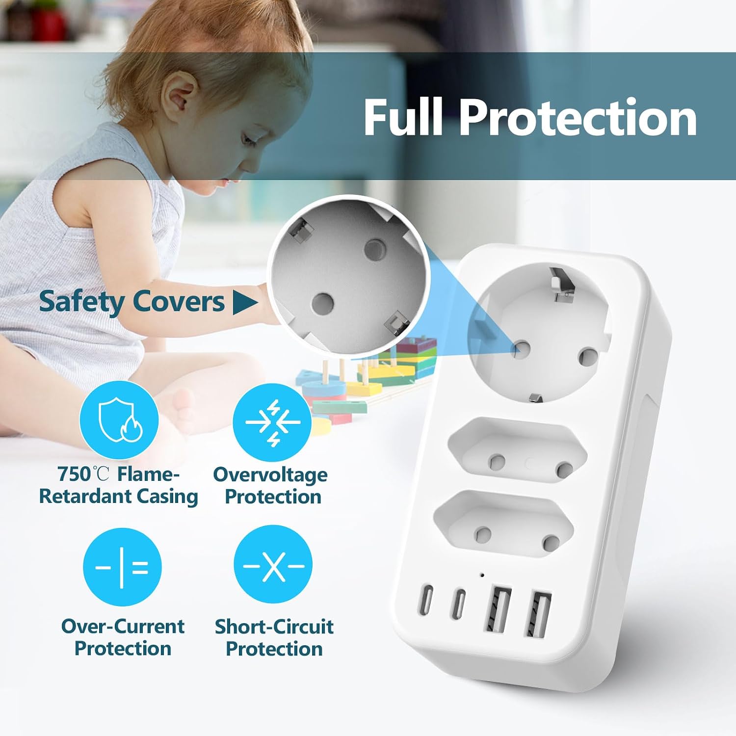 Detalle 1 de Multipresa JSVER con 3680 W, ricarica USB