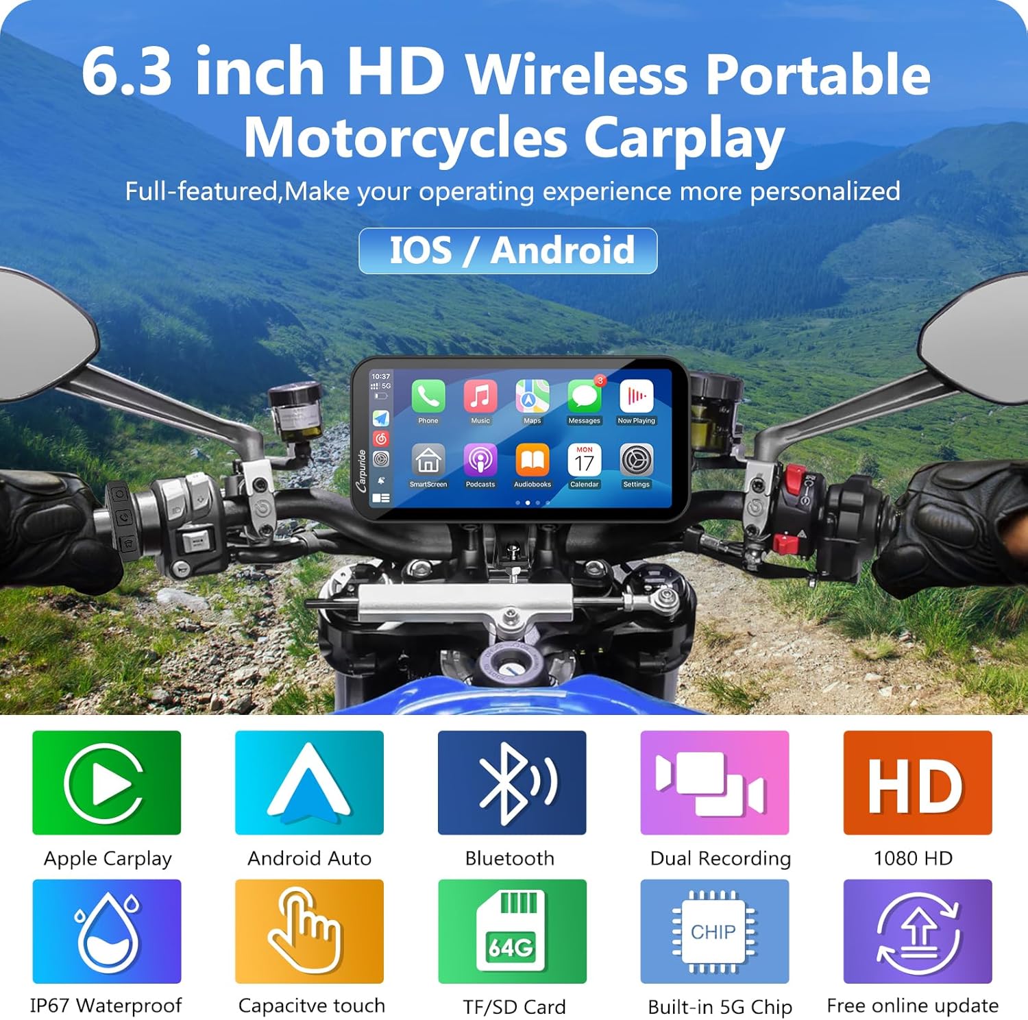 Thumbnail 1 de Carpuride W603D: 6,3-Zoll Motorrad-GPS mit Dualkamera, CarPlay/Android Auto und IP67
