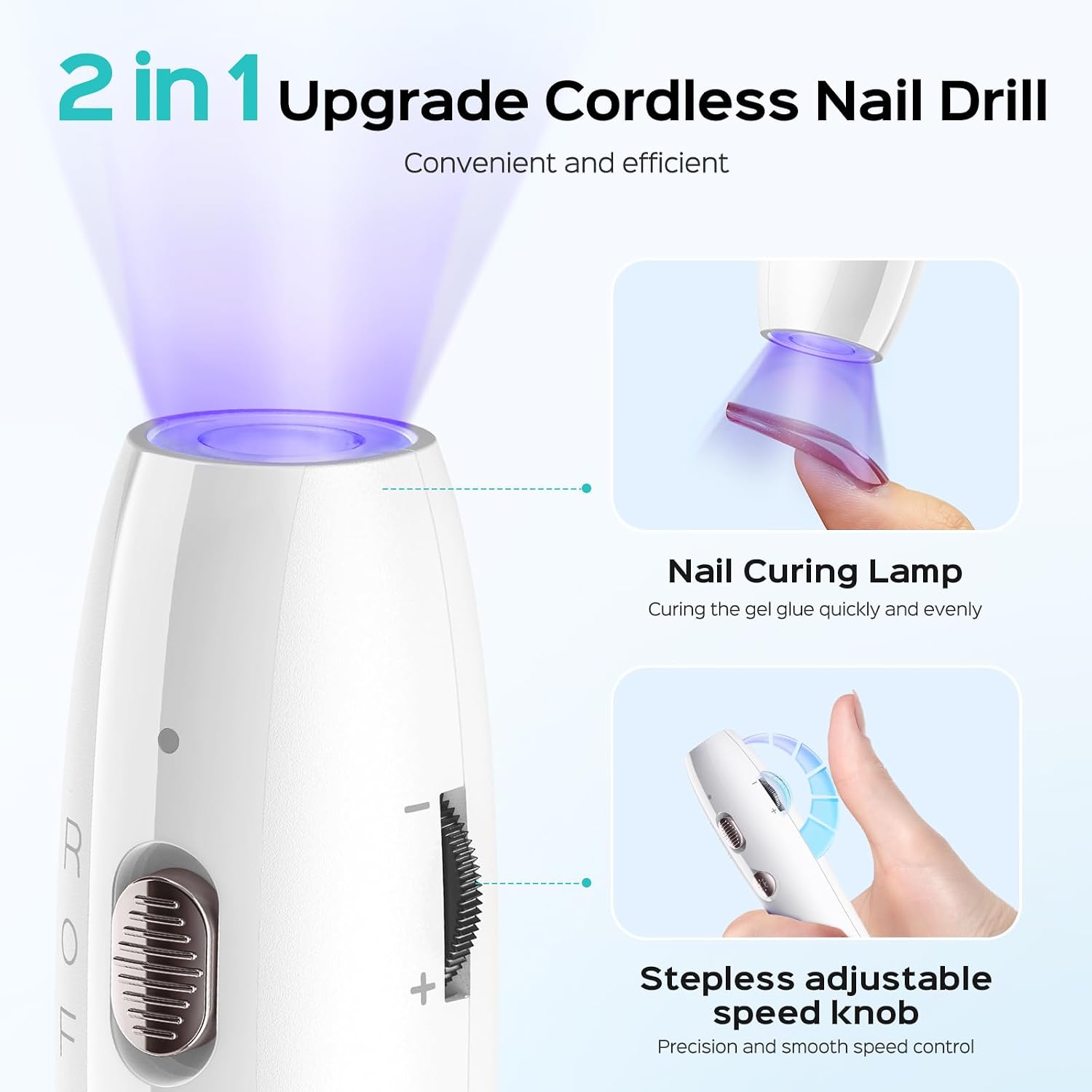 Detalle de COSLUS C41 Cordless 2-in-1 Nail Drill with Lamp: Portable Efile for Home & Salon