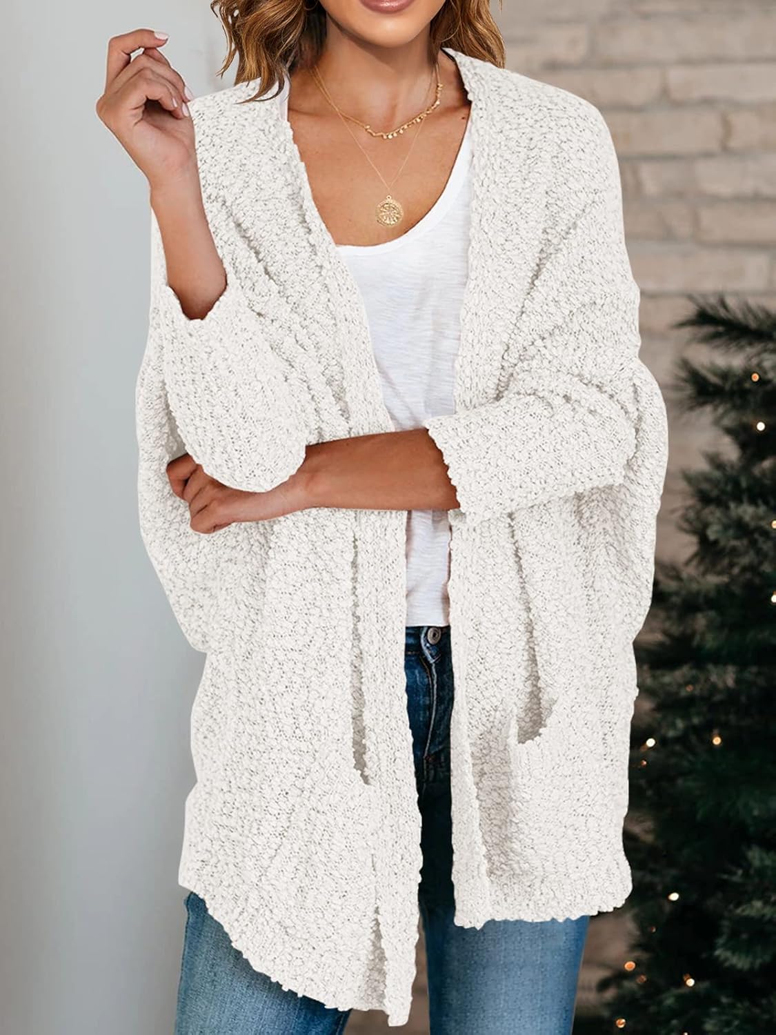 Detalle 2 de Saodimallsu Popcorn Knit Oversized Open Cardigan for Women