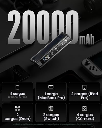 Detalle de SHARGE Shargeek Power Bank 140W 20000mAh — Batería externa transparente con pantalla y carga rápida