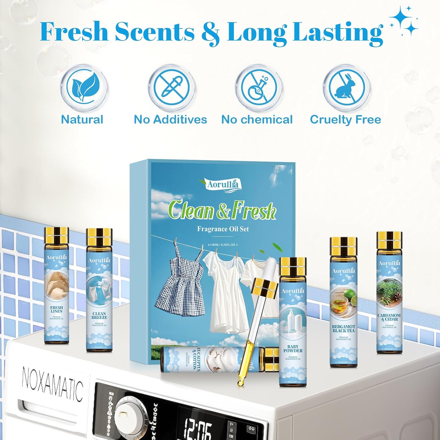 Thumbnail 1 de Aoruilia Clean Essential Oils Set 6 x 10ml — Eucalyptus & Cotton, Bergamot Black Tea, Cardamom & Cedar, Baby Powder, Clean Breeze, Fresh Linen