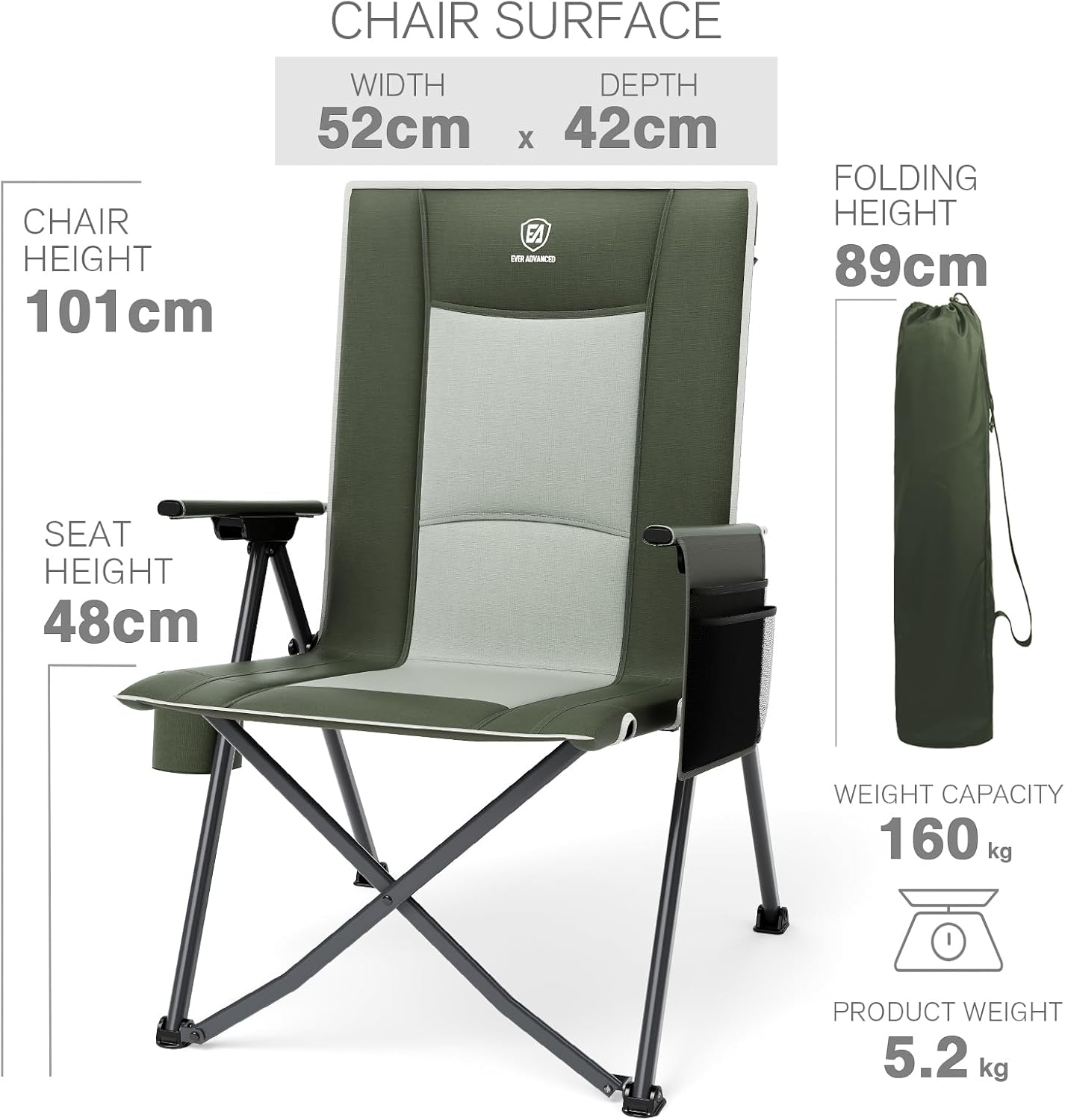 Detalle de EVER ADVANCED Luxury Camping Chair Folding Reclining Set of 2 (Green) with Cup Holder & 4-Position Back