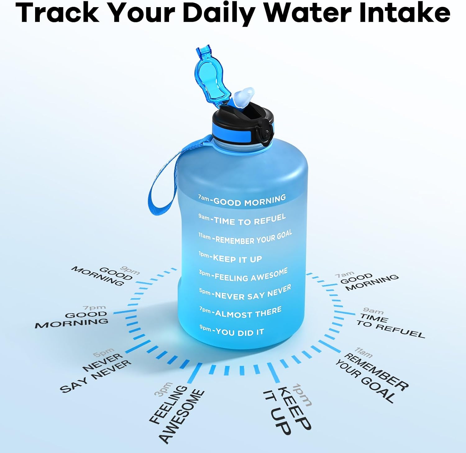 Detalle de WEMEET 128oz Water Bottle with Straw, Time Marker and Wide Mouth, Blue