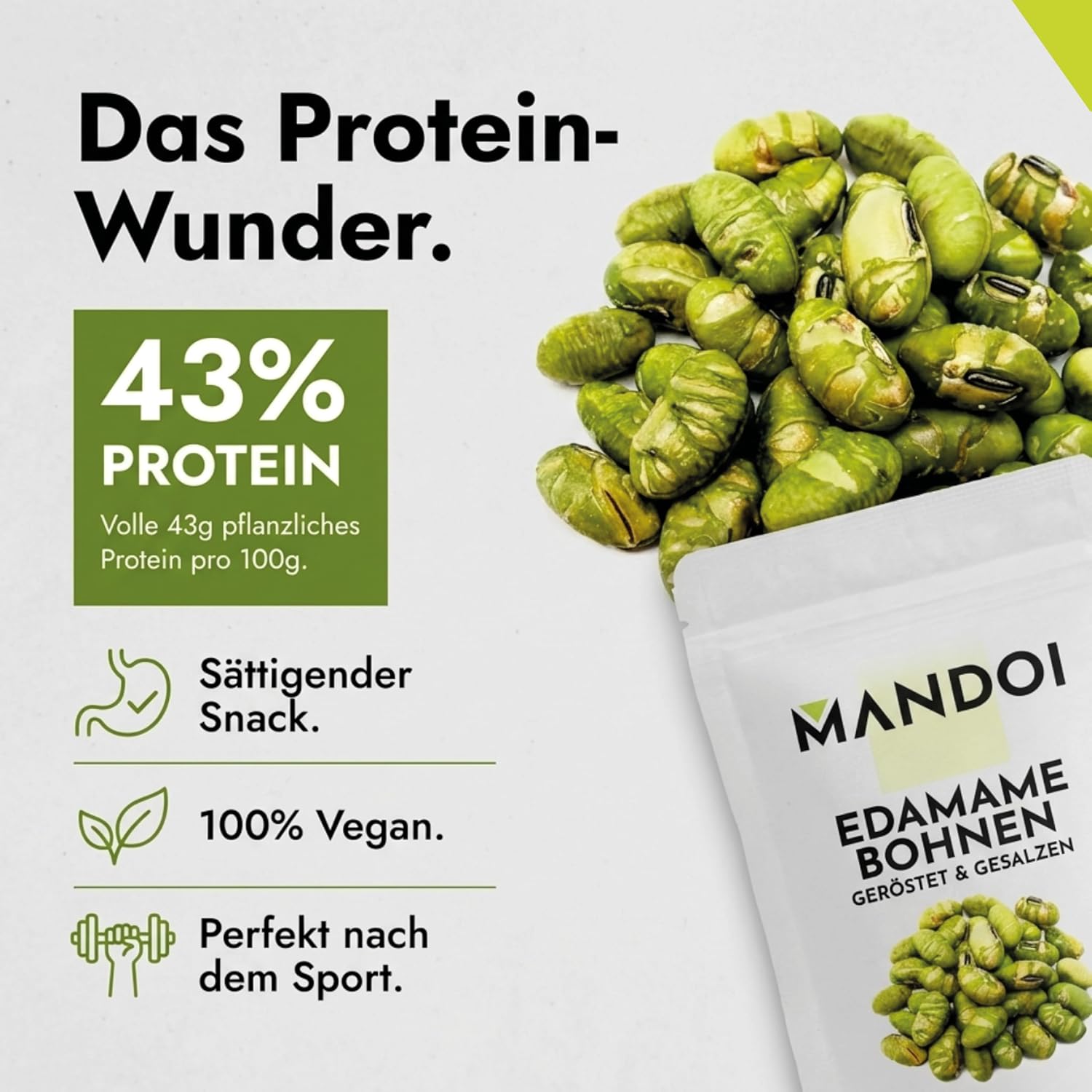 Detalle de Mandoi Edamame Bohnen 500 g – Geröstet, leicht gesalzen, 43% Protein, vegan