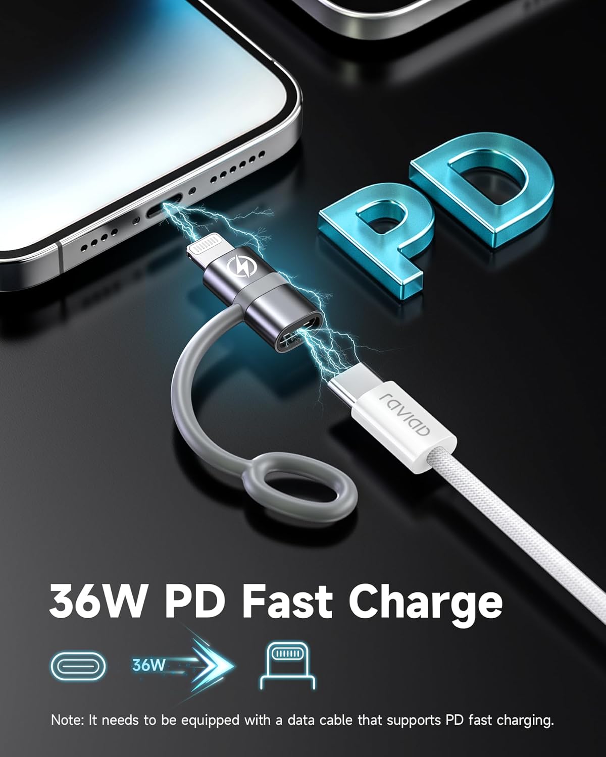 Detalle de RAVIAD 36W USB-C to Lightning Adapter (2-Pack) – Fast charging USB-C to iPhone Lightning lead converter