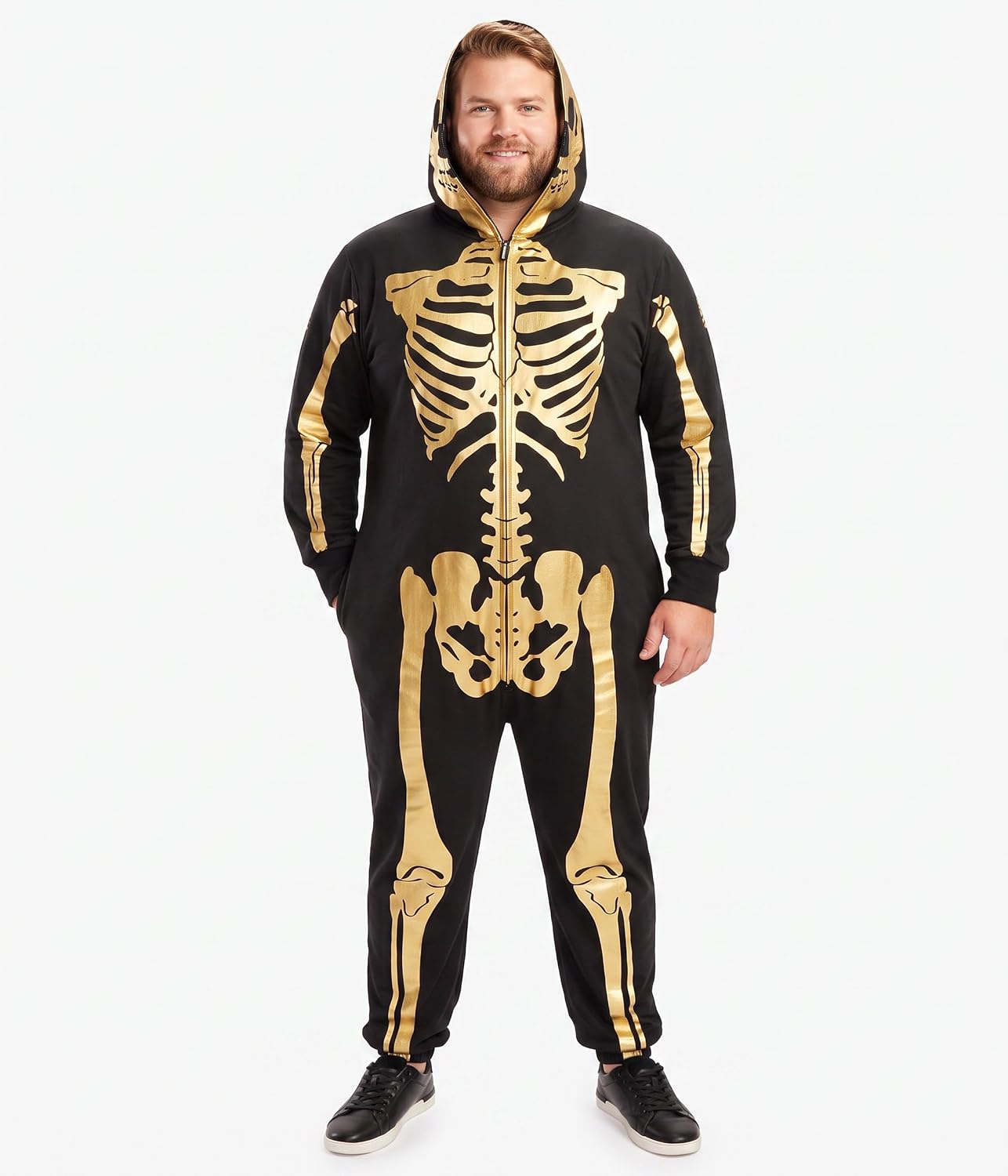 Thumbnail 4 de Tipsy Elves TE-JMP43 Men's Hooded Skeleton Costume Jumpsuit, Metallic Gold Print