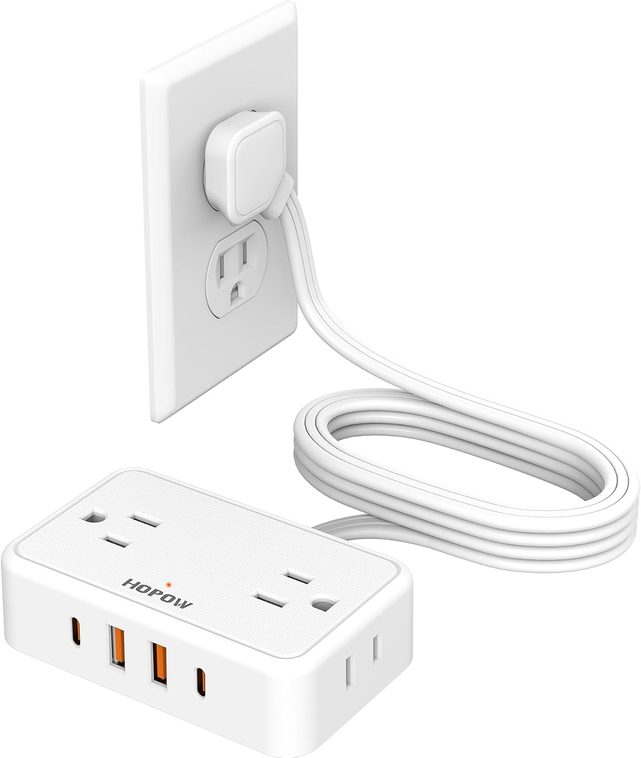 Detalle de HOPOW QT460-CU Power Strip with Flat Plug, 6 ft Cord and 4 AC + 4 USB Ports
