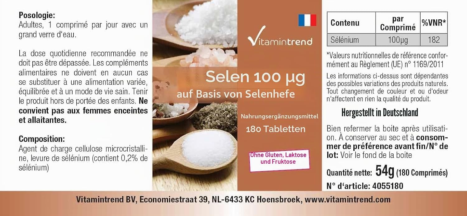 Detalle de Vitamintrend Selen 100 μg aus Selenhefe – 180 Tabletten, vegan, ohne Magnesiumstearat, in Deutschland hergestellt