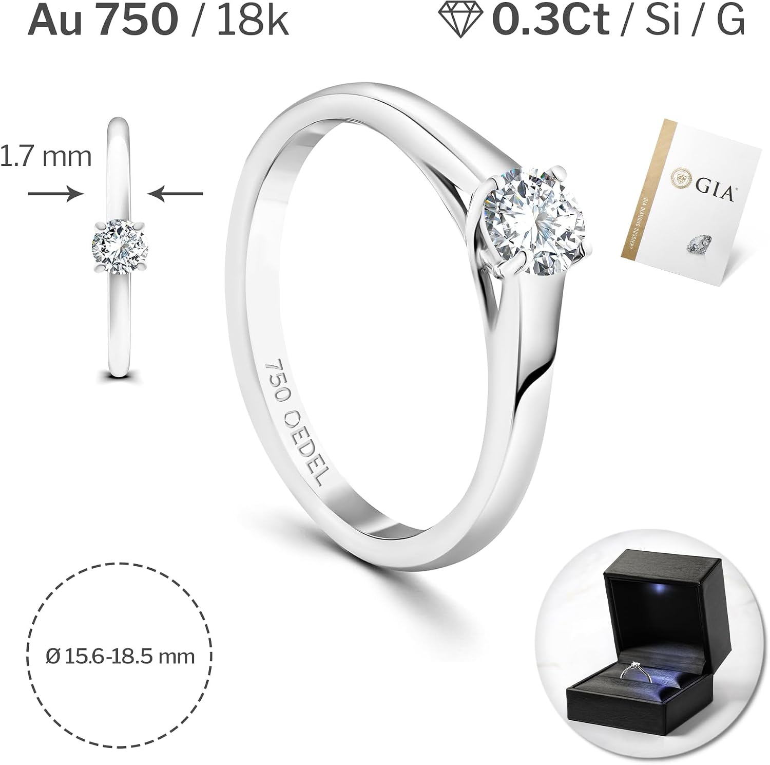 Detalle 2 de EDELIND Bague de fiançailles femme – Diamant naturel 0,3 ct en or blanc 18k/750, certificat GIA
