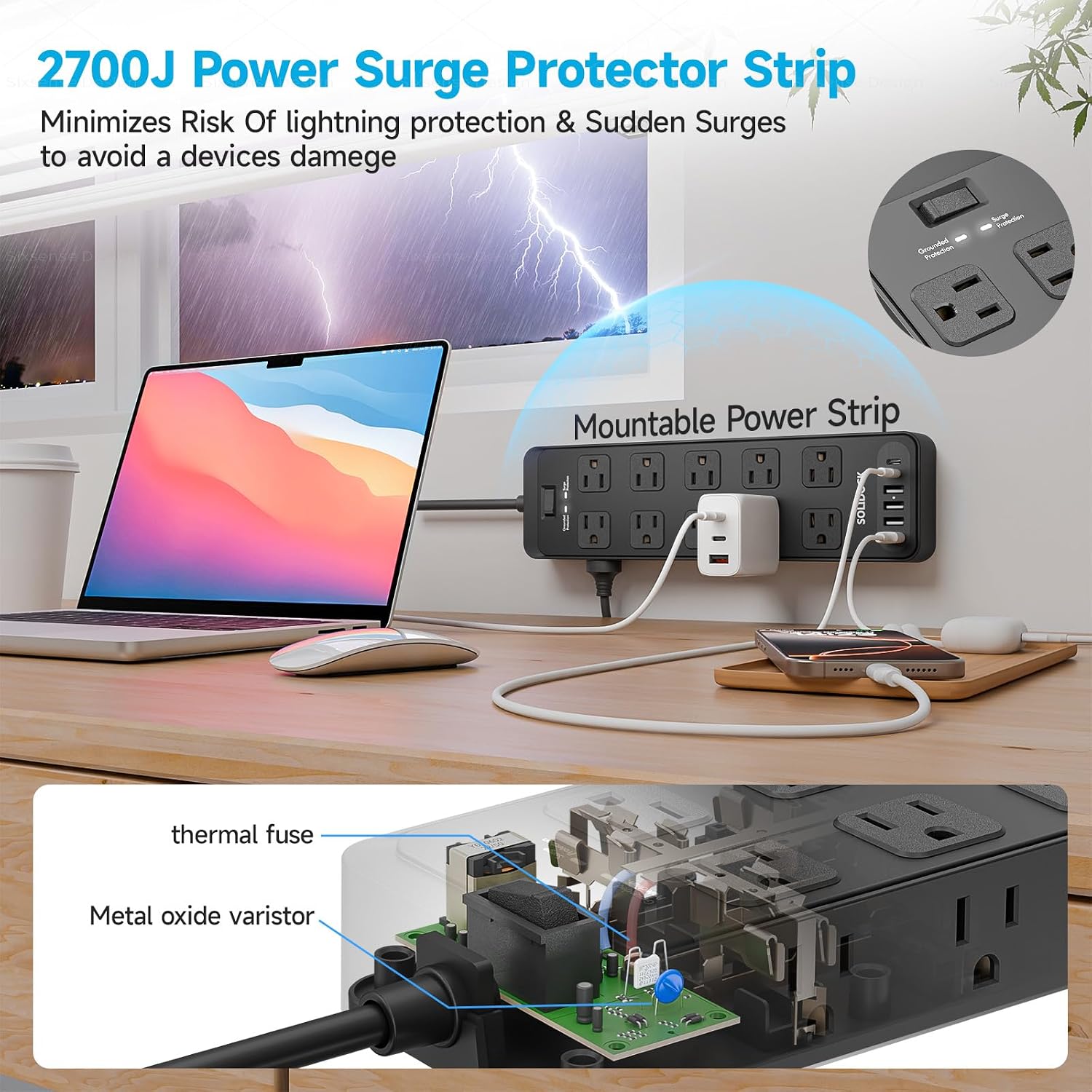 Detalle de Solidock 20-Outlet Power Strip with USB-C (6-ft Extension Cord) and 2700-Joule Surge Protection