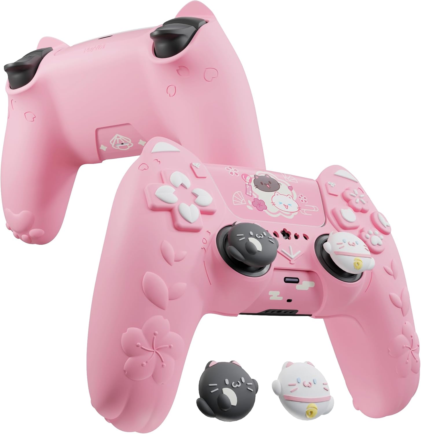 Detalle de PlayVital Cherry Blossoms Cat Skin for PS5 Controller – Anti-slip Silicone Case with Cat Ears, Thumb Grips & Stickers