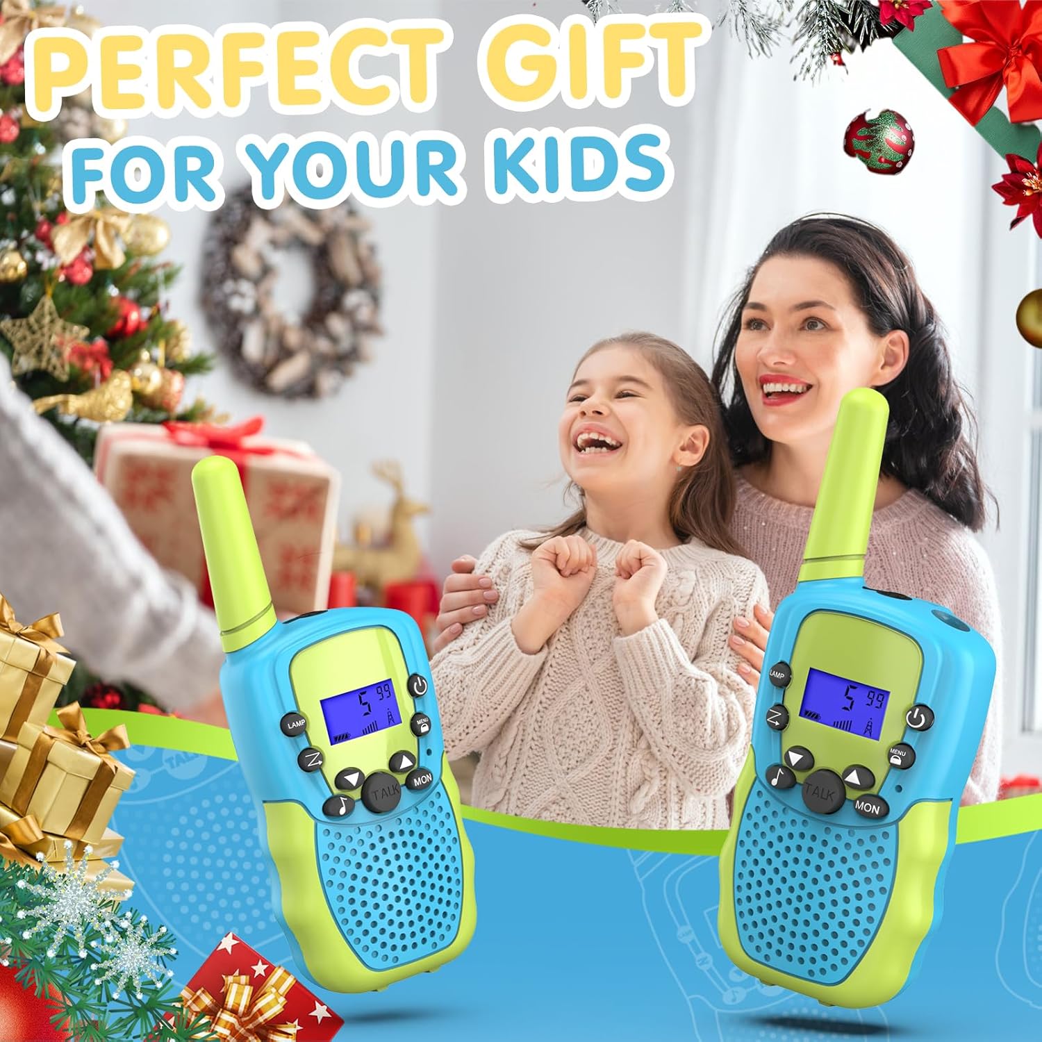 Detalle 2 de Kearui Kids Walkie Talkies (Blue-Green) for 3–12 Year Old Boys – 8 Channels, VOX, LED Torch, 3 Miles Range