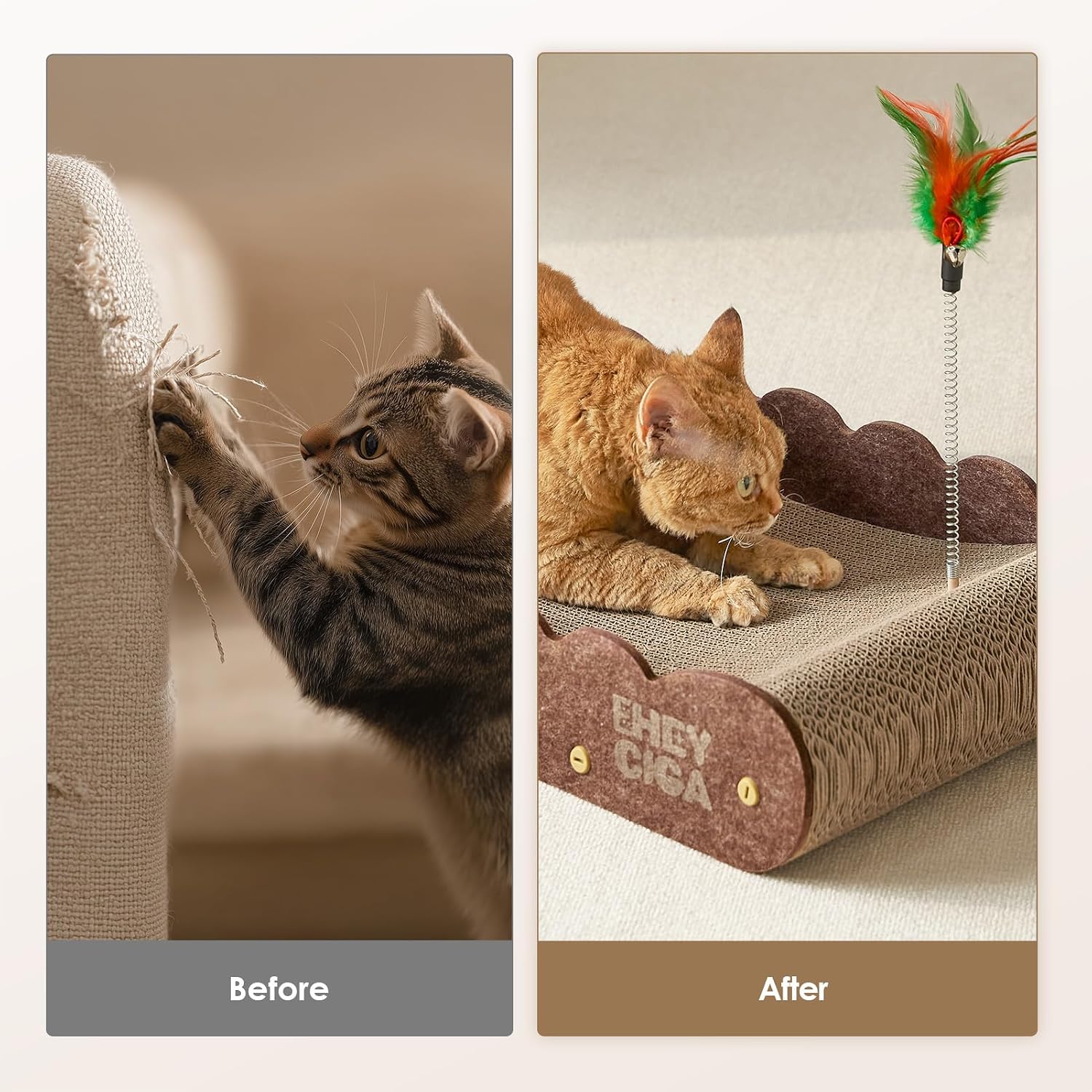 Detalle 1 de EHEYCIGA PT35SA03L 26-Inch Cardboard Cat Scratcher Bed with Toys, Brown