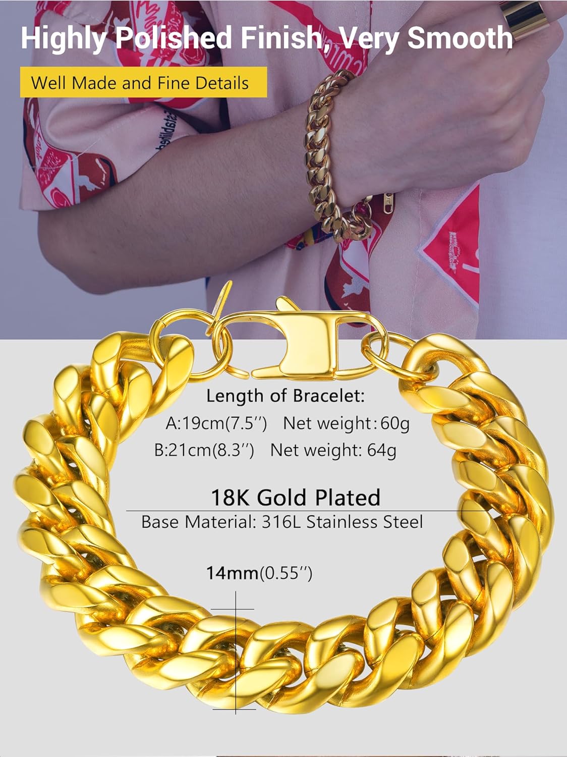 Thumbnail 3 de PROSTEEL Bracciale da Uomo in Acciaio Inossidabile Placcato Oro – Maglie Cubane, L 16/19/21 cm, 4,8–14 mm