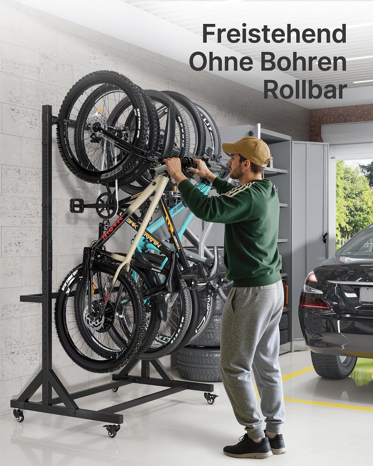 Detalle de monTEK freistehender Fahrradständer für 5 Fahrräder mit 5 verschiebbaren Haken & 6 Helmhaken – Schwerlast (160 kg)