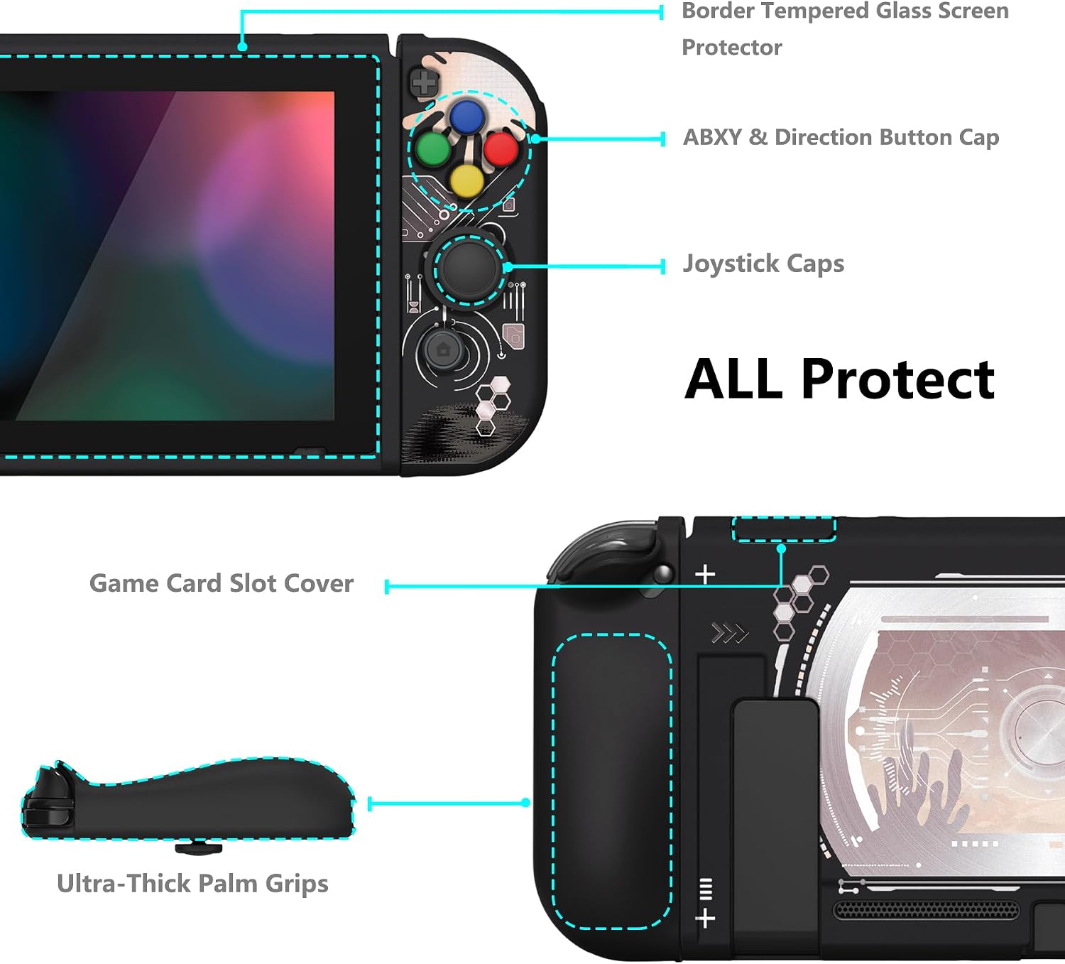 Detalle de PlayVital ZealProtect Soft Protective Case for Nintendo Switch – Silver Splatter with Screen Protector & Accessories