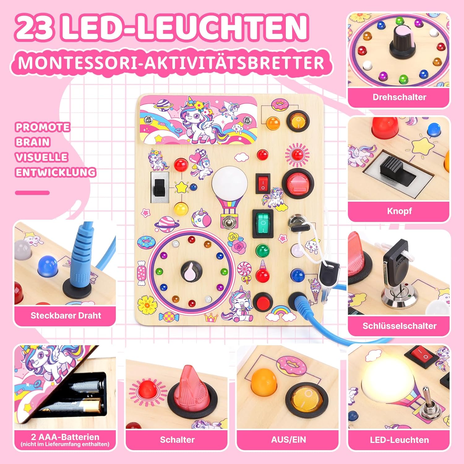 Detalle de Konijiwa Einhorn Montessori Busy Board – Holzspielzeug mit 10 Schaltern und 23 LEDs, ab 1 Jahr