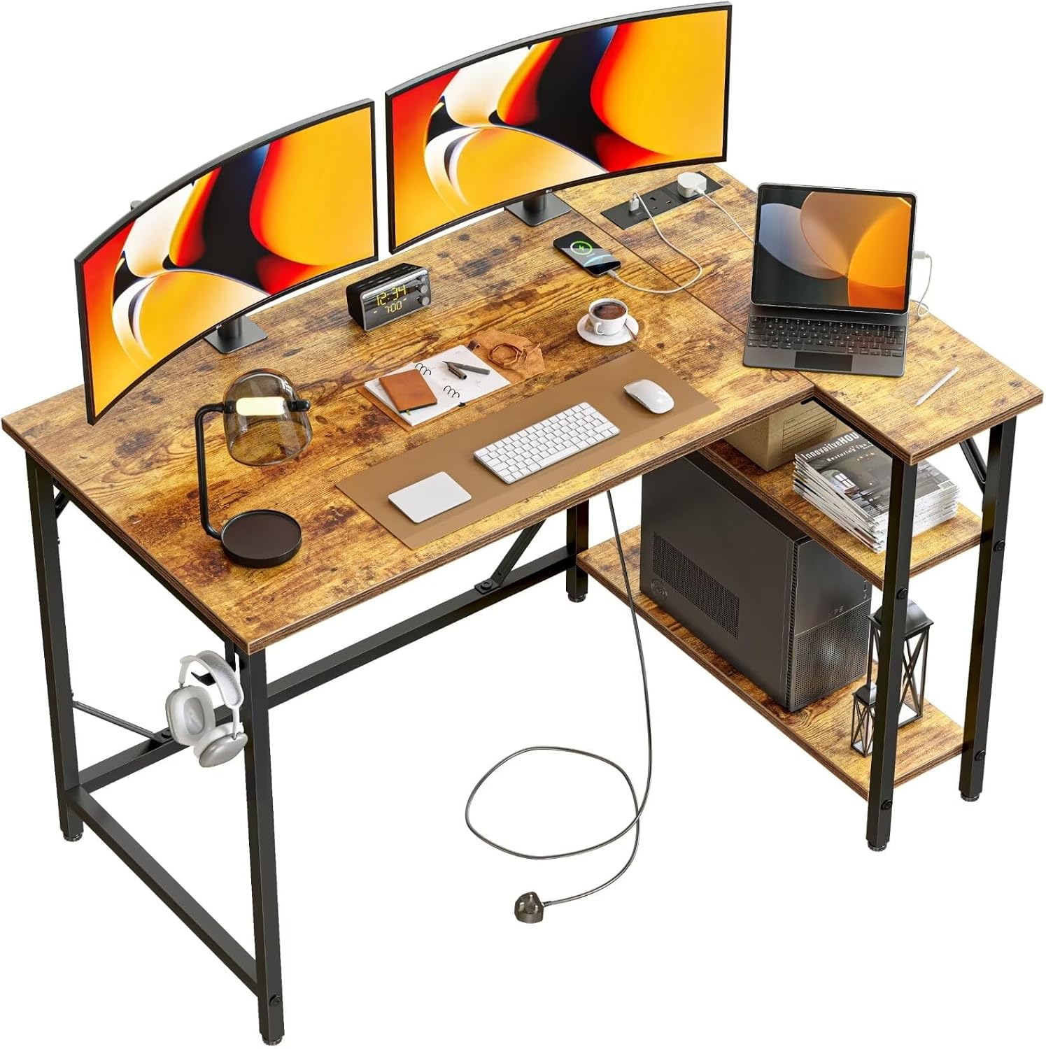 Detalle de DOMSHOCT 120 x 70cm Corner L-shaped computer desk with power outlets and reversible storage shelves (Rustic Brown)